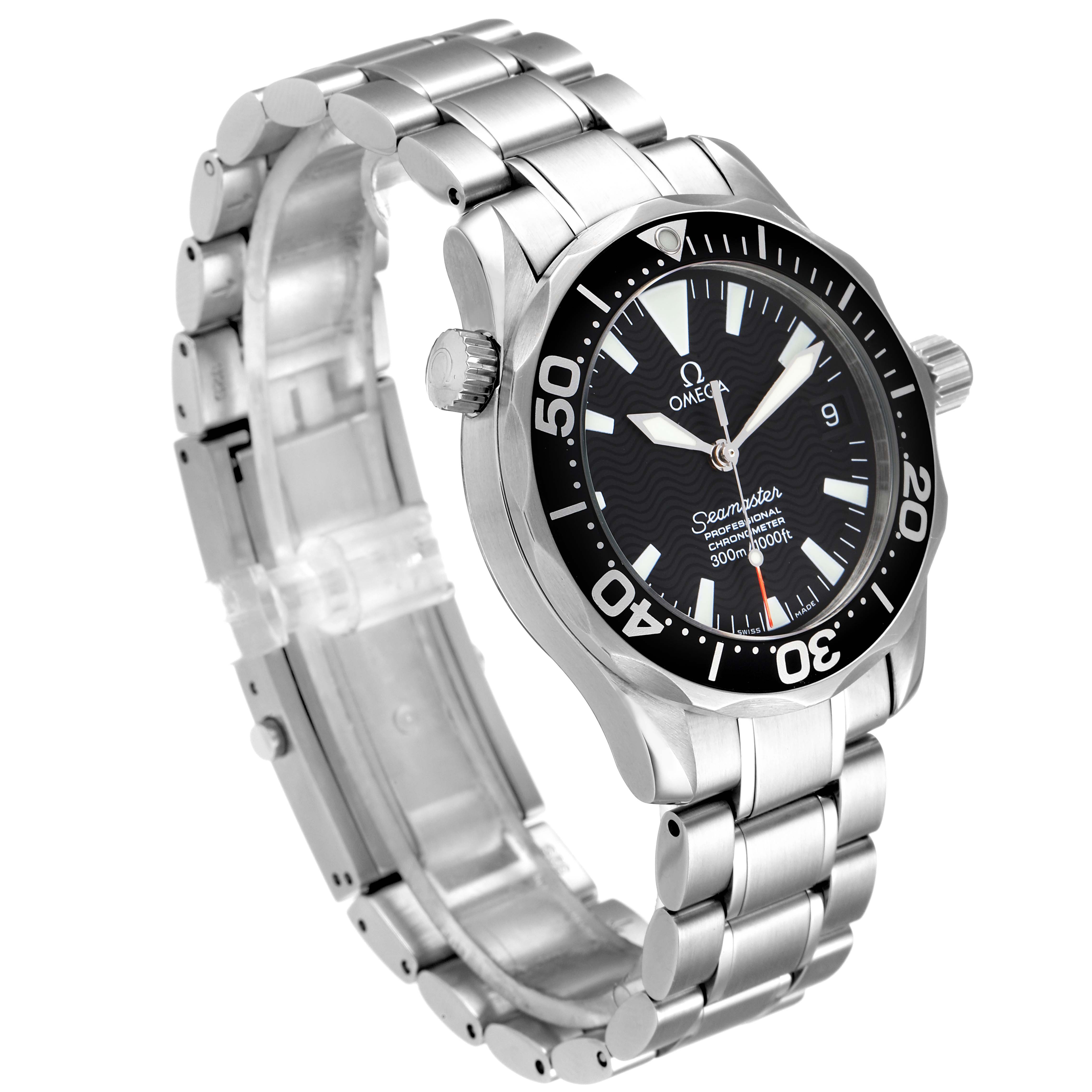 The image shows an angled view of the Omega Seamaster 2252.50.00 Men
s Stainless Steel Black Dial 2252.50.00 Men
s Stainless Steel Black Dial watch, highlighting the face, bezel, crown, and stainless steel bracelet.