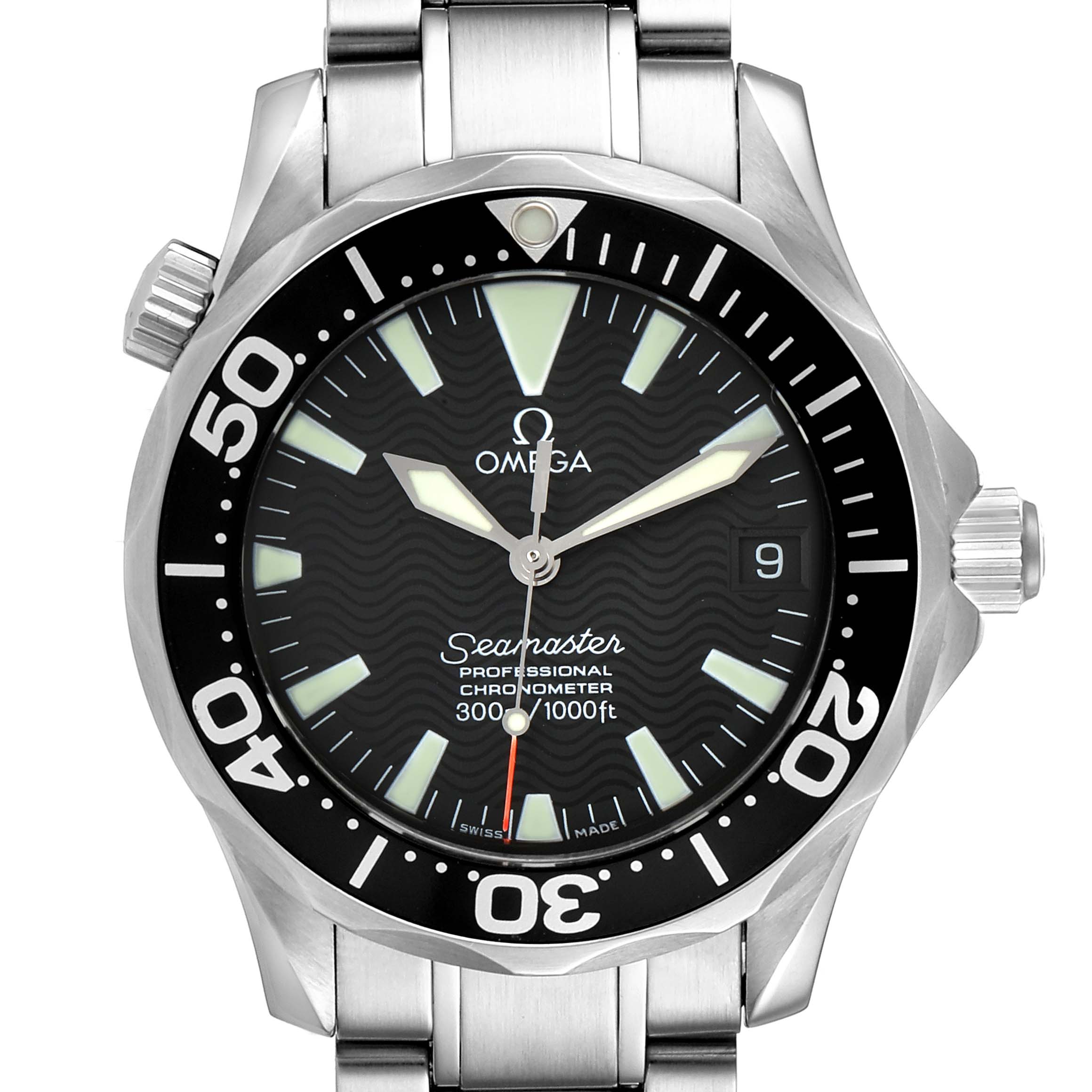 The image shows a front view of the Omega Seamaster 2252.50.00 Men
s Stainless Steel Black Dial 2252.50.00 Men
s Stainless Steel Black Dial watch, highlighting the dial, bezel, bracelet, and crown.