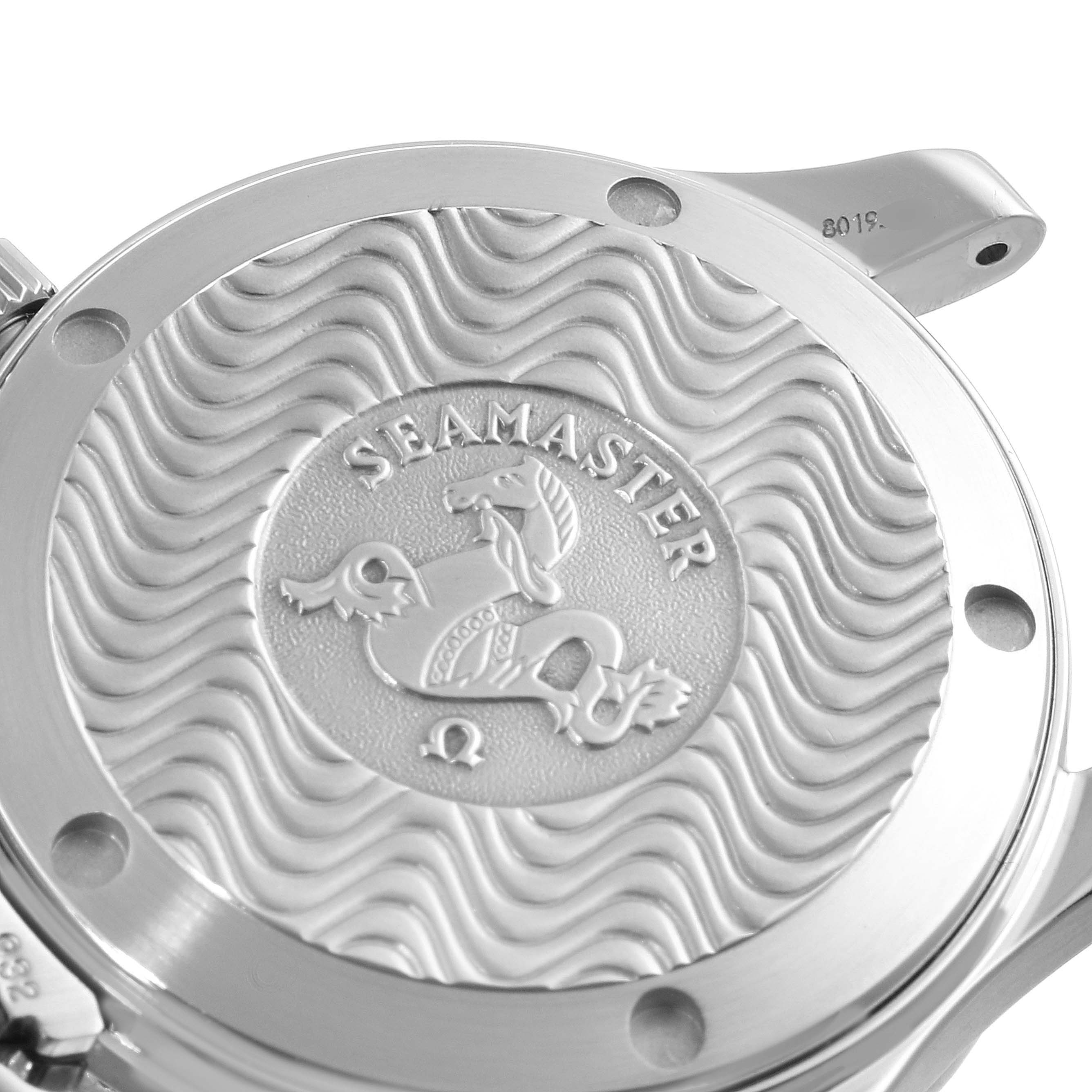 The image shows the engraved case back of an Omega Seamaster 2252.50.00 Men
s Stainless Steel Black Dial 2252.50.00 Men
s Stainless Steel Black Dial watch, viewed from a close-up angle.