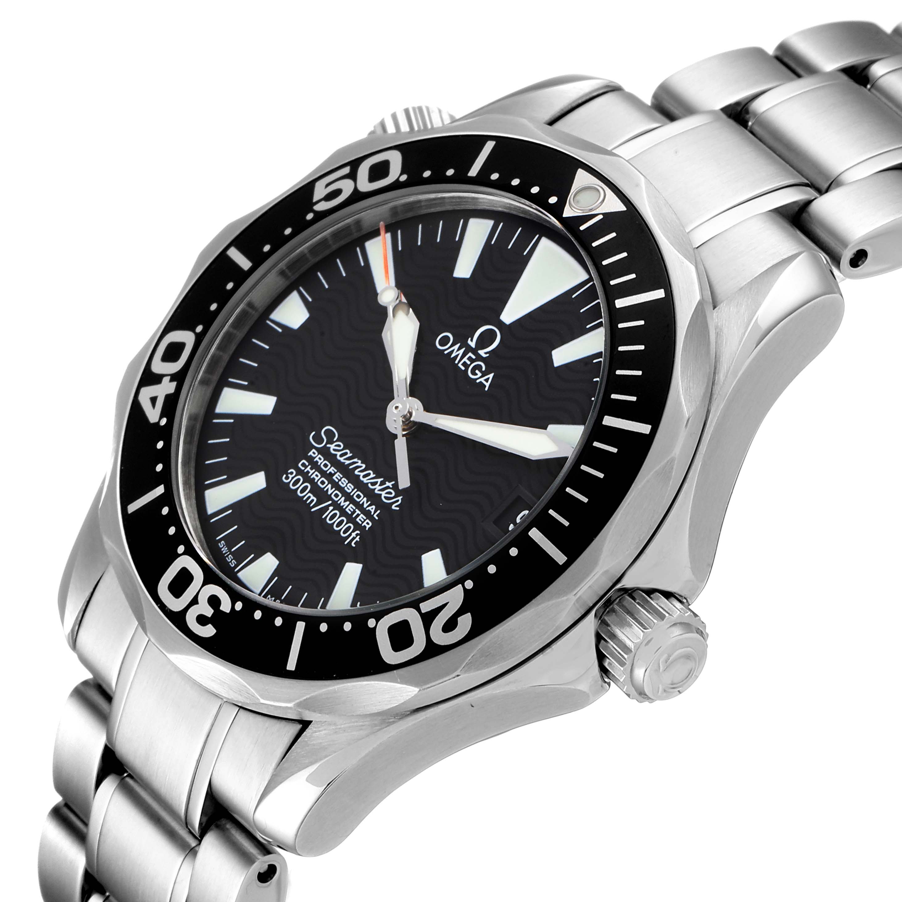 The Omega Seamaster 2252.50.00 Men
s Stainless Steel Black Dial 2252.50.00 Men
s Stainless Steel Black Dial watch is shown at an angle revealing the face, bezel, crown, and part of the bracelet.