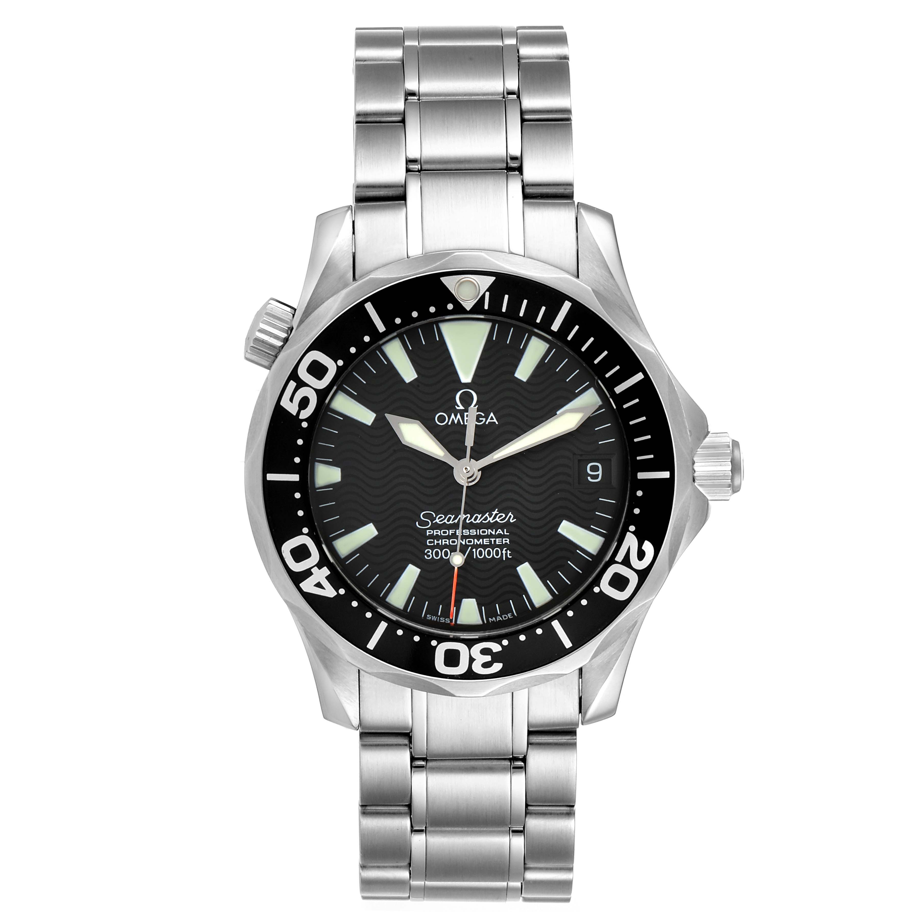 This image shows an Omega Seamaster 2252.50.00 Men
s Stainless Steel Black Dial 2252.50.00 Men
s Stainless Steel Black Dial watch from a straight-on angle, highlighting its face, bezel, and metal strap.