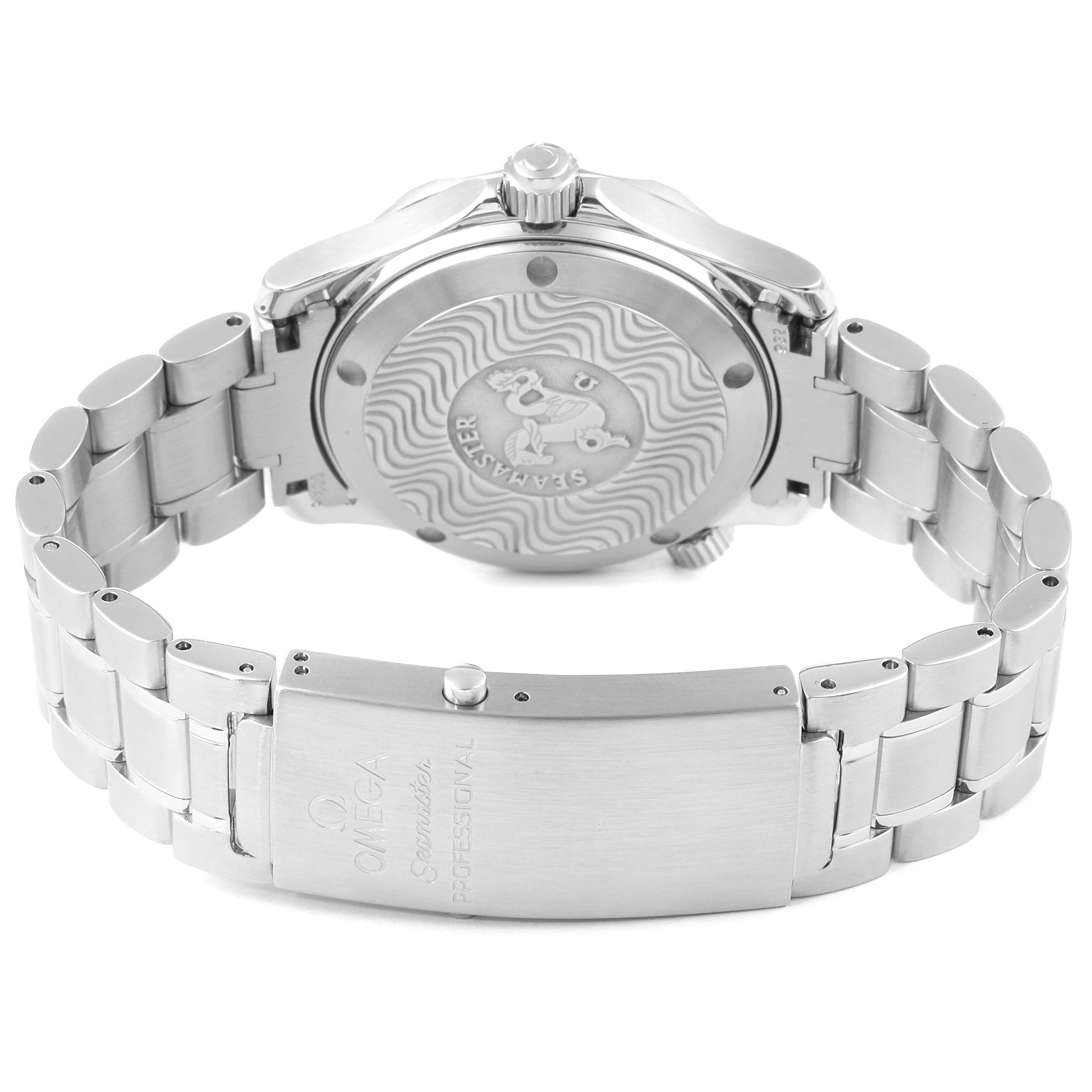 The image shows the back case and metal bracelet of an Omega Seamaster 2252.50.00 Men
s Stainless Steel Black Dial 2252.50.00 Men
s Stainless Steel Black Dial watch, highlighting the clasp and engraved back.