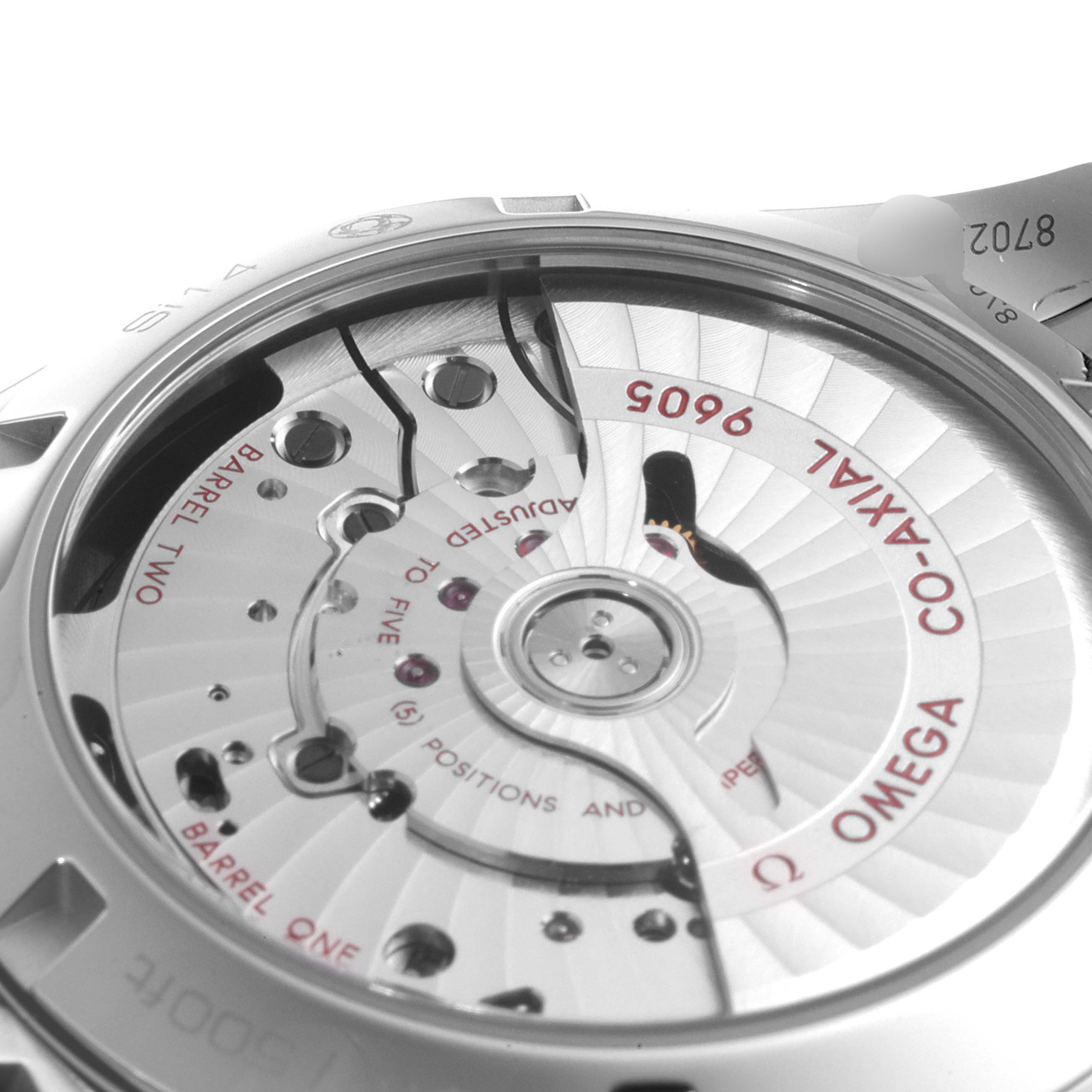 The image shows the back view of the Omega Aqua Terra 231.10.43.52.03.001 Men's Stainless Steel Blue Dial 231.10.43.52.03.001 Men's Stainless Steel Blue Dial watch, highlighting its Co-Axial 8500 movement.