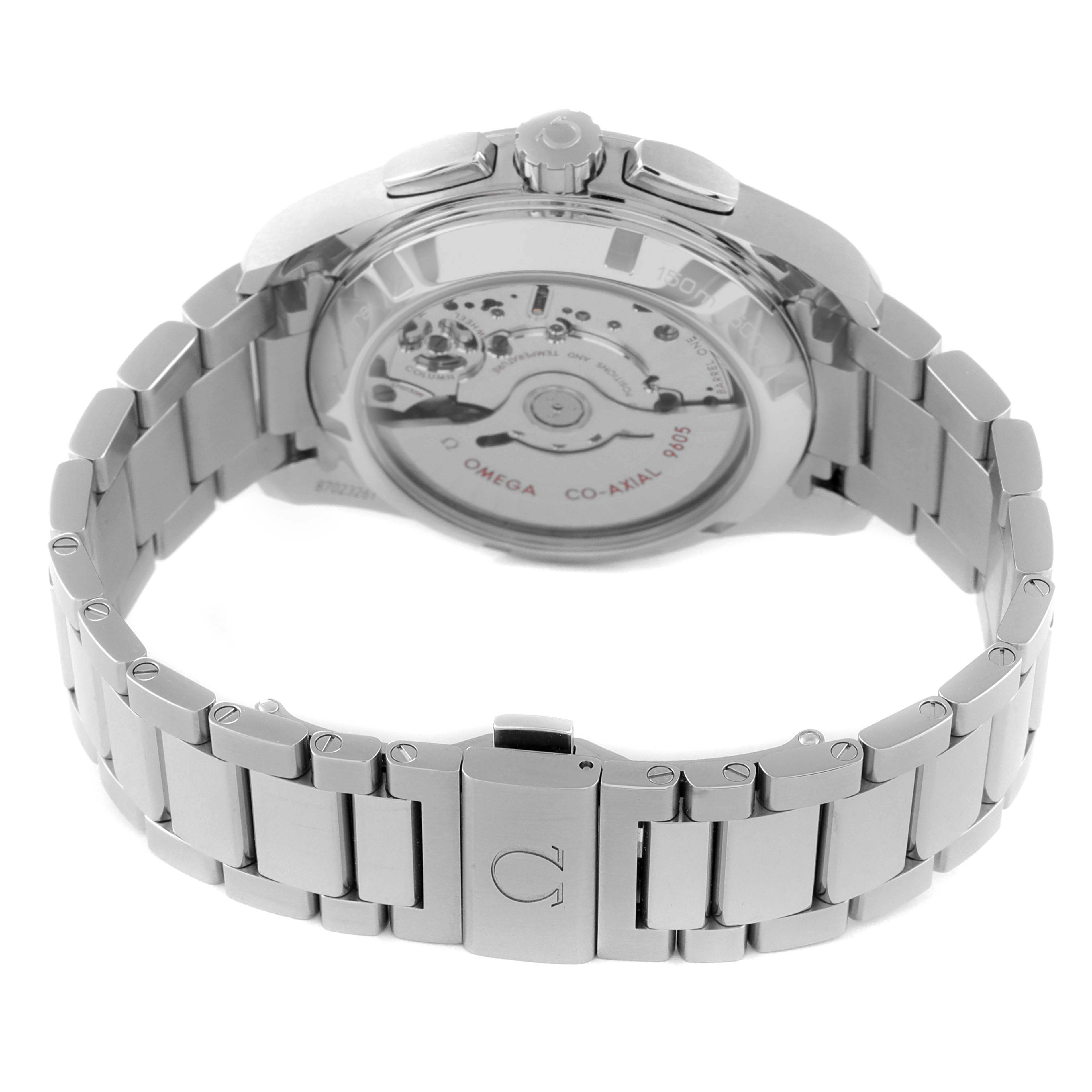 The image shows the back view of an Omega Aqua Terra 231.10.43.52.03.001 Men's Stainless Steel Blue Dial 231.10.43.52.03.001 Men's Stainless Steel Blue Dial watch, highlighting the visible movement and stainless steel bracelet.