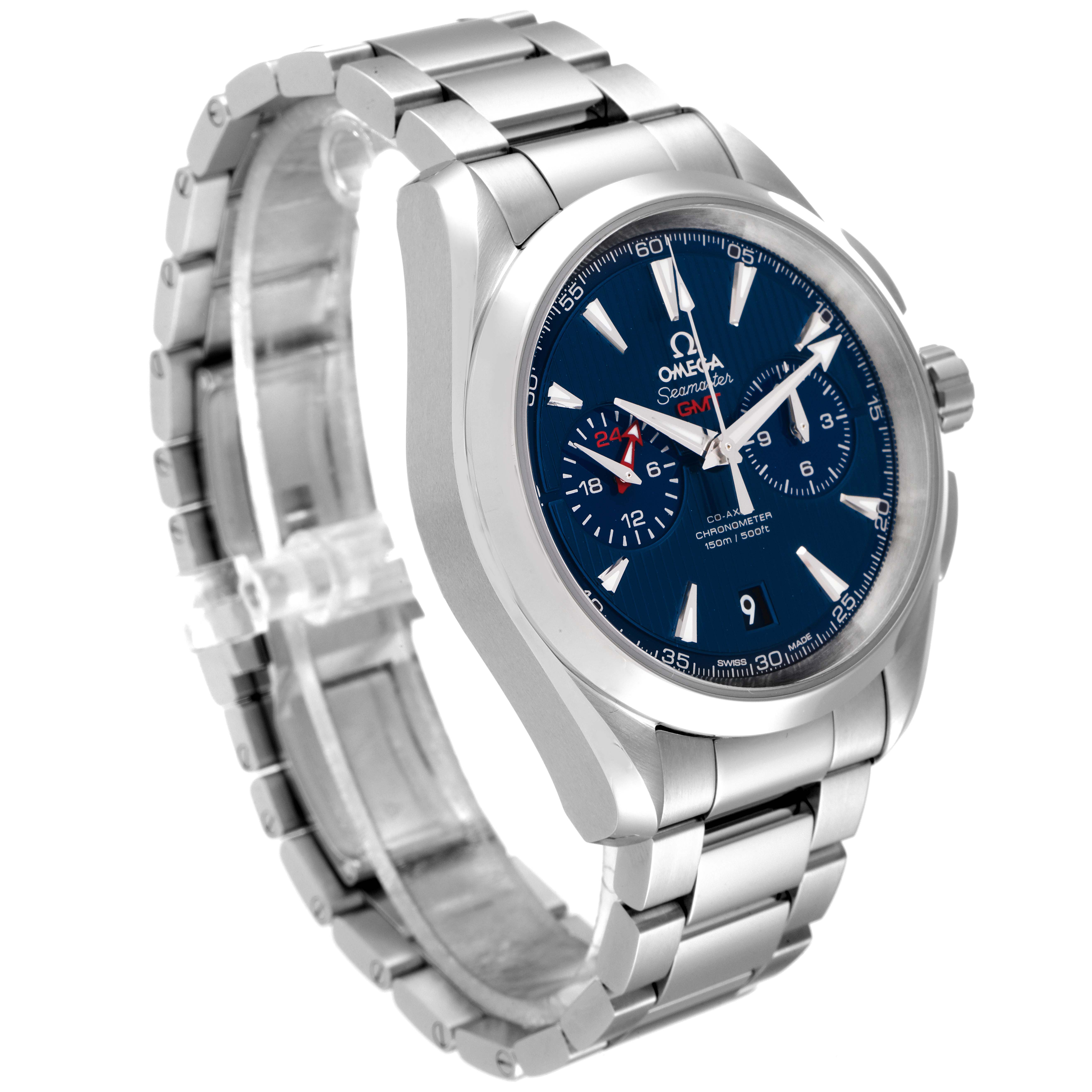 The image shows an Omega Aqua Terra 231.10.43.52.03.001 Men's Stainless Steel Blue Dial 231.10.43.52.03.001 Men's Stainless Steel Blue Dial watch at an oblique angle, highlighting its face, bezel, and stainless steel bracelet.