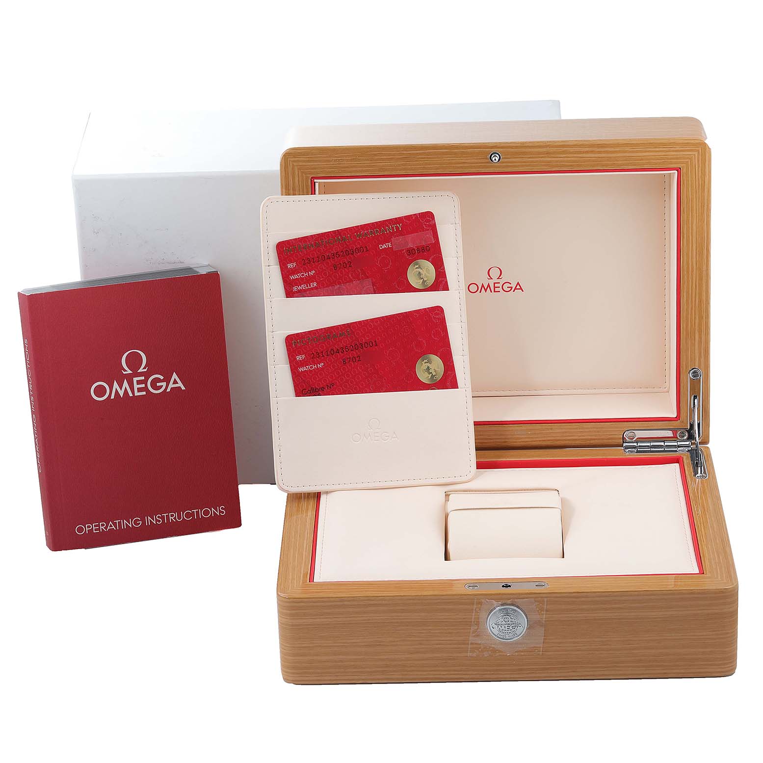 The image shows the packaging, warranty cards, and operating instructions for the Omega Aqua Terra 231.10.43.52.03.001 Men's Stainless Steel Blue Dial 231.10.43.52.03.001 Men's Stainless Steel Blue Dial model.