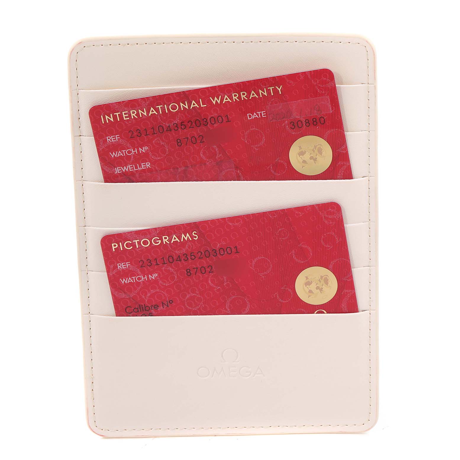 The image shows warranty and pictogram cards for the Omega Aqua Terra 231.10.43.52.03.001 Men's Stainless Steel Blue Dial 231.10.43.52.03.001 Men's Stainless Steel Blue Dial model in a white cardholder.