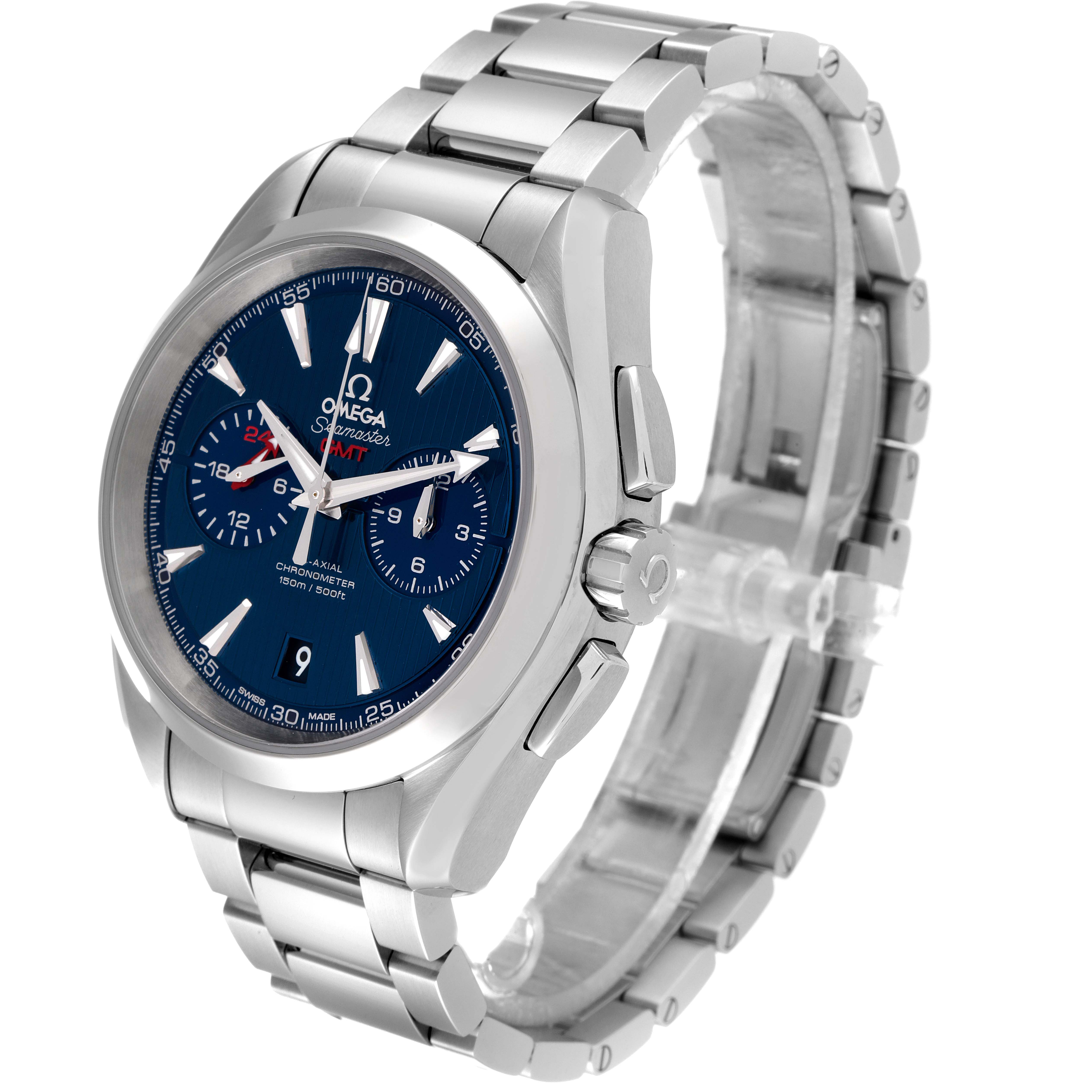 The image shows an Omega Aqua Terra 231.10.43.52.03.001 Men's Stainless Steel Blue Dial 231.10.43.52.03.001 Men's Stainless Steel Blue Dial watch angled from the front-left, highlighting the face, bezel, bracelet, and crown.