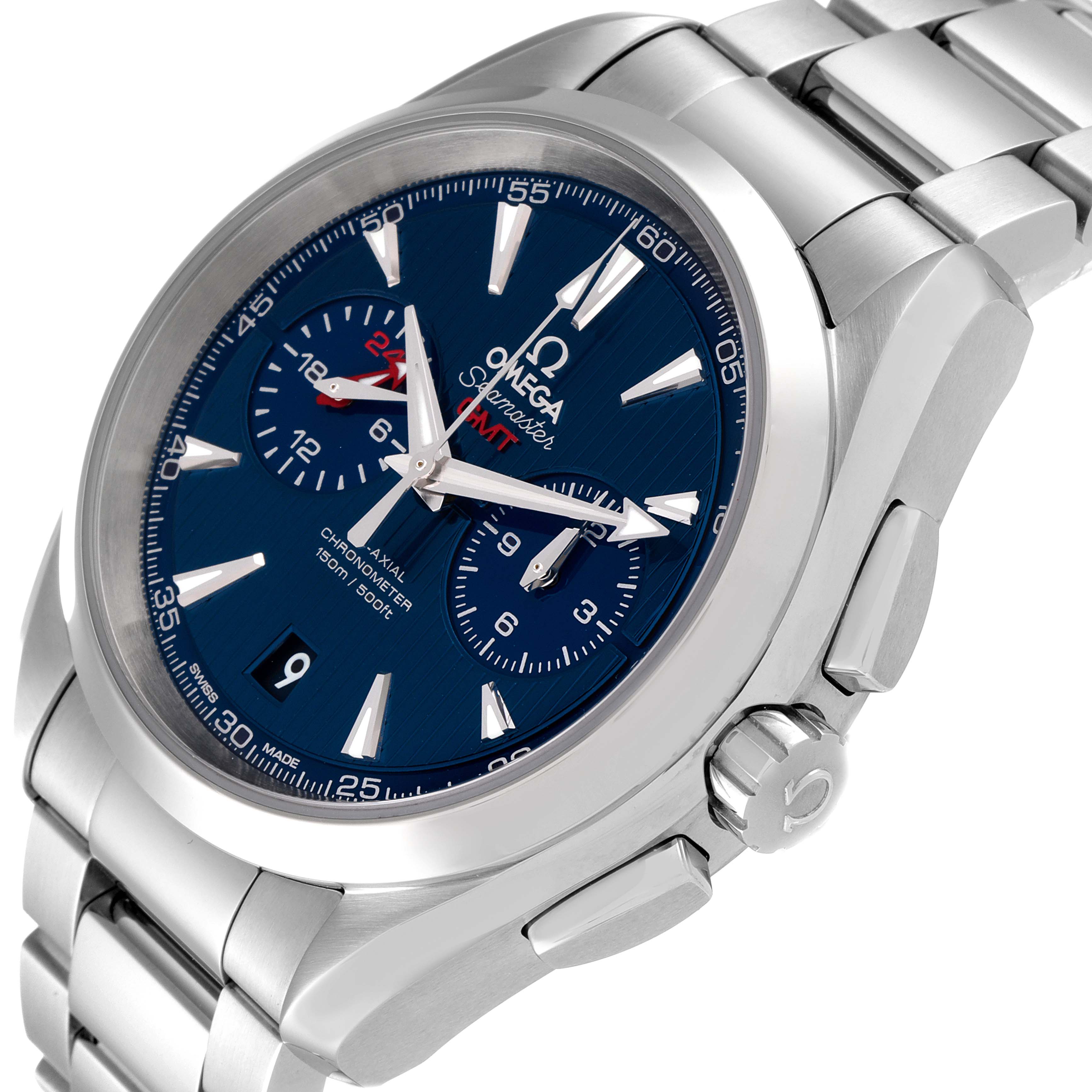 The Omega Aqua Terra 231.10.43.52.03.001 Men's Stainless Steel Blue Dial 231.10.43.52.03.001 Men's Stainless Steel Blue Dial watch is angled from the upper left, showing its face, casing, and metal band.