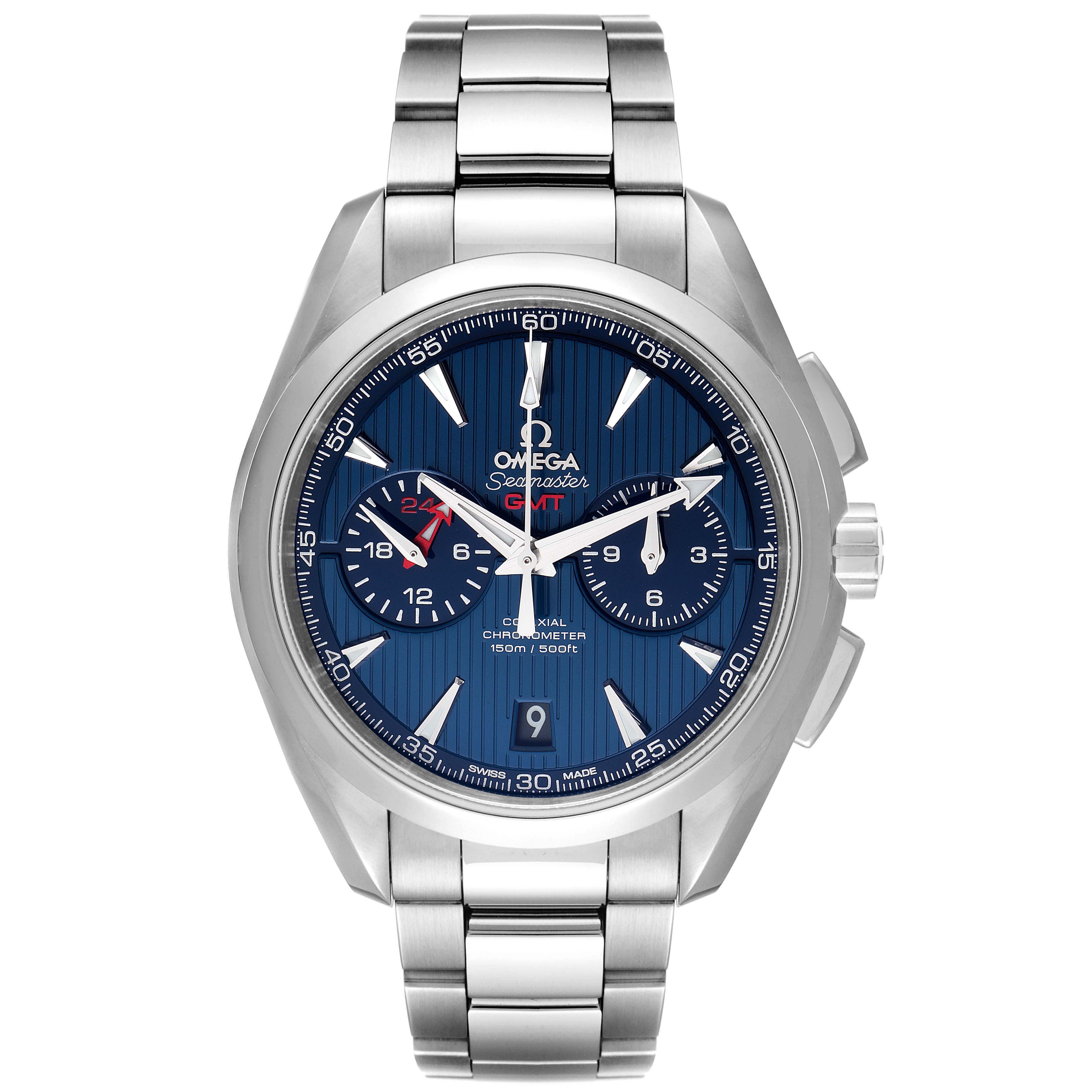 The image shows a front view of the Omega Aqua Terra 231.10.43.52.03.001 Men's Stainless Steel Blue Dial 231.10.43.52.03.001 Men's Stainless Steel Blue Dial model watch, featuring a blue dial, metal band, and multiple subdials.