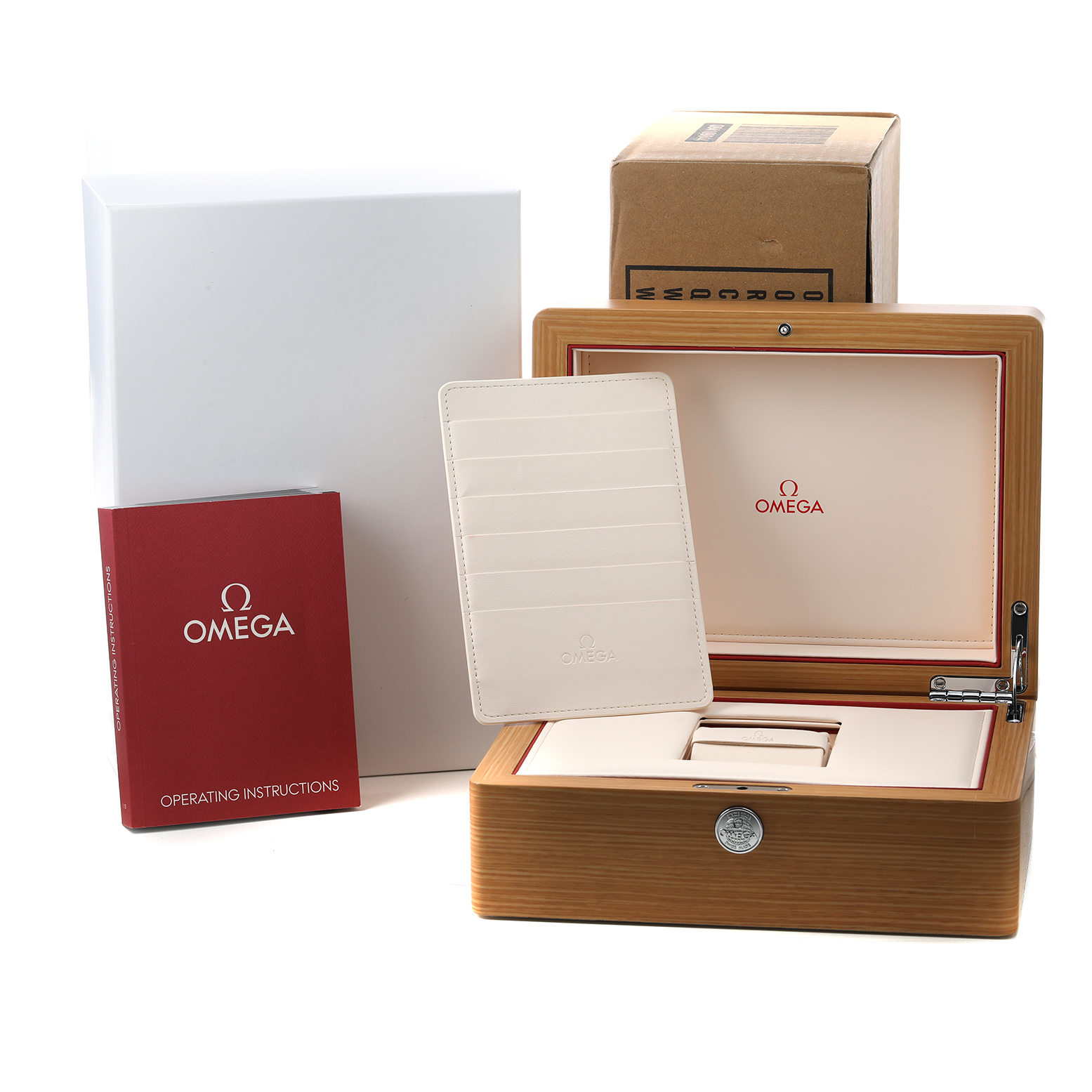 The image shows the Omega Aqua Terra 231.10.42.21.03.004 Men's Stainless Steel Blue Dial packaging, featuring a wooden box, instruction manual, and card holder from a front angle.