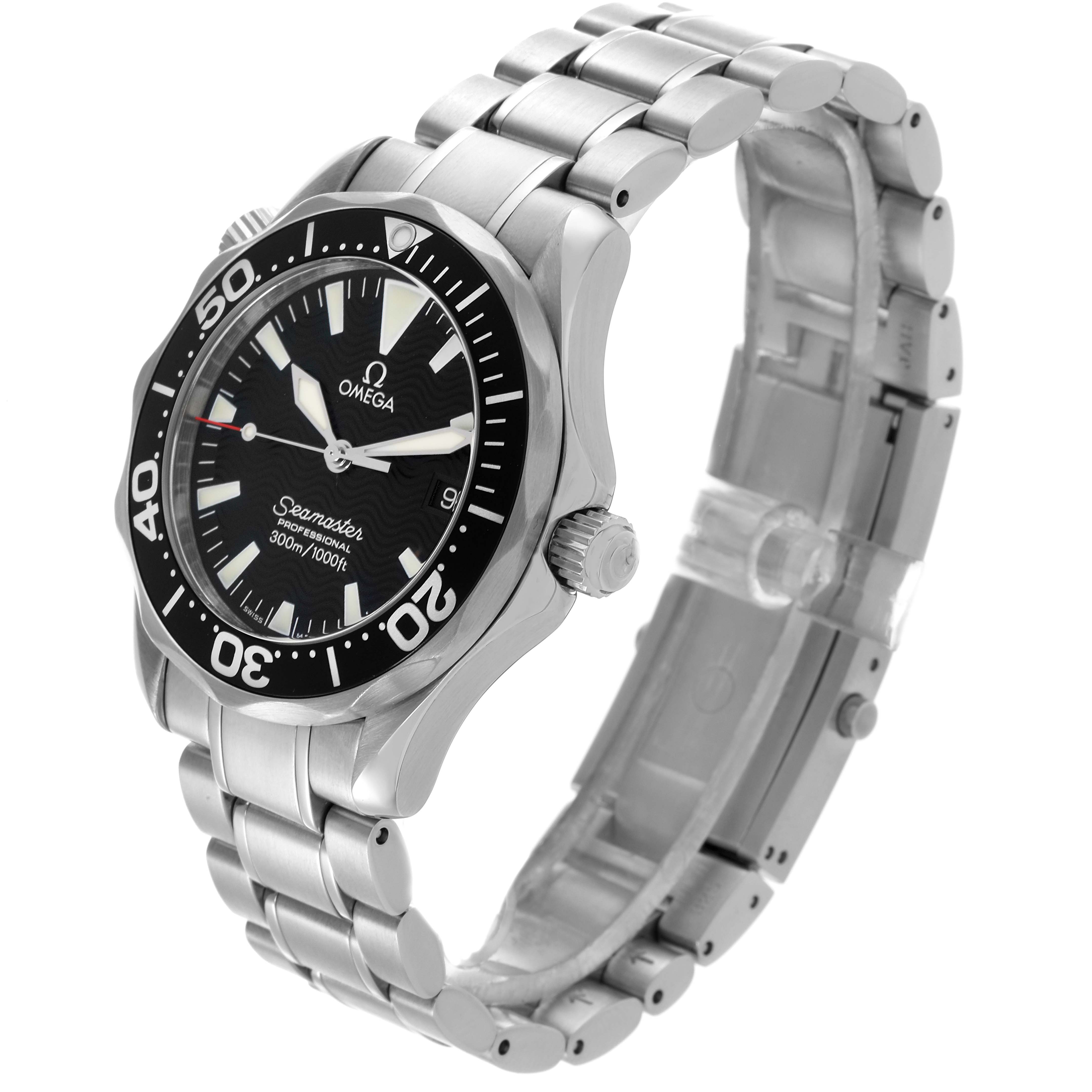 The Omega Seamaster 2262.50.00 Men
s Stainless Steel Black Dial 2262.50.00 Men
s Stainless Steel Black Dial watch is shown at a slight side angle, highlighting the face, bezel, bracelet, and crown.