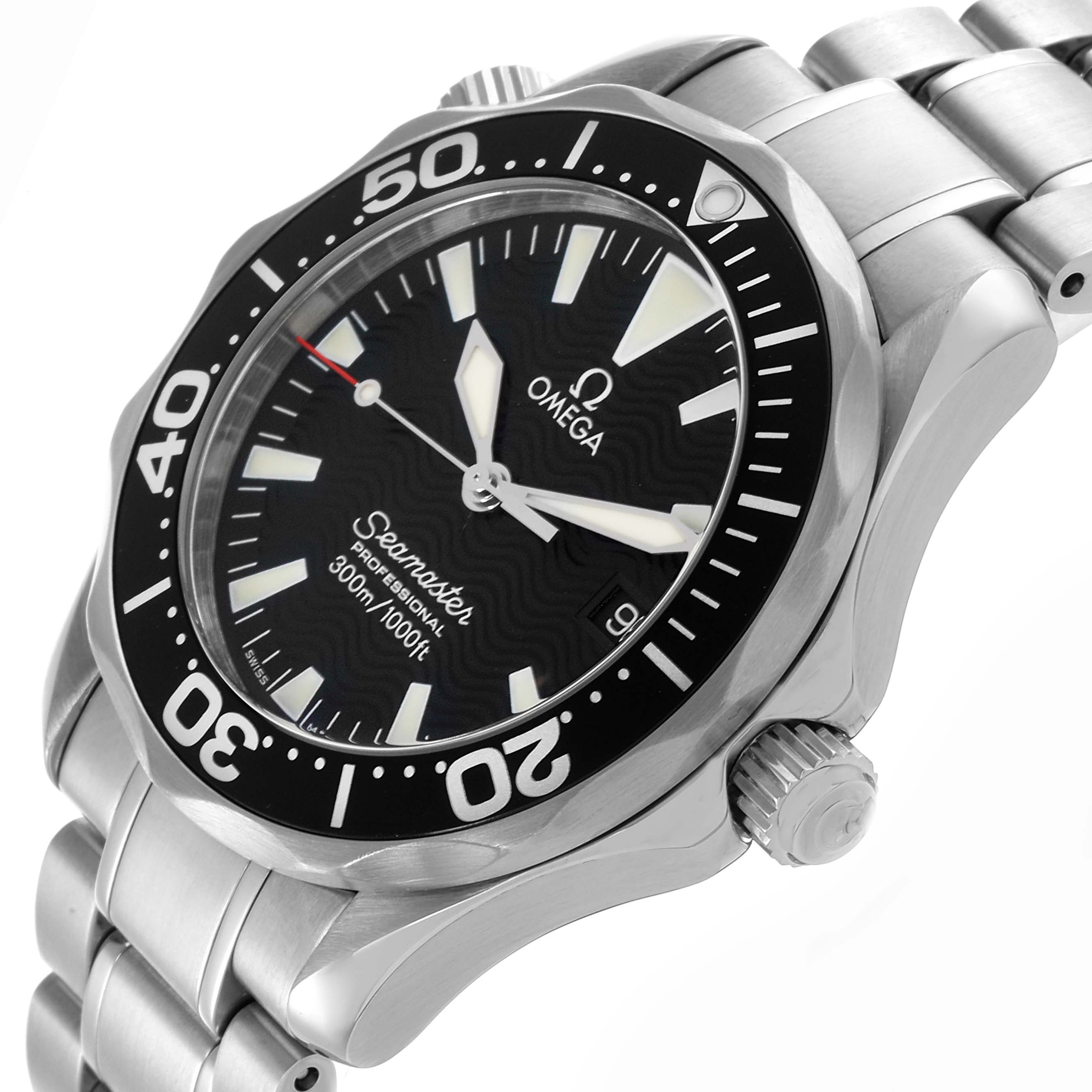 The Omega Seamaster 2262.50.00 Men
s Stainless Steel Black Dial 2262.50.00 Men
s Stainless Steel Black Dial watch is shown from an angled side view, highlighting the face, bezel, crown, and metal bracelet.