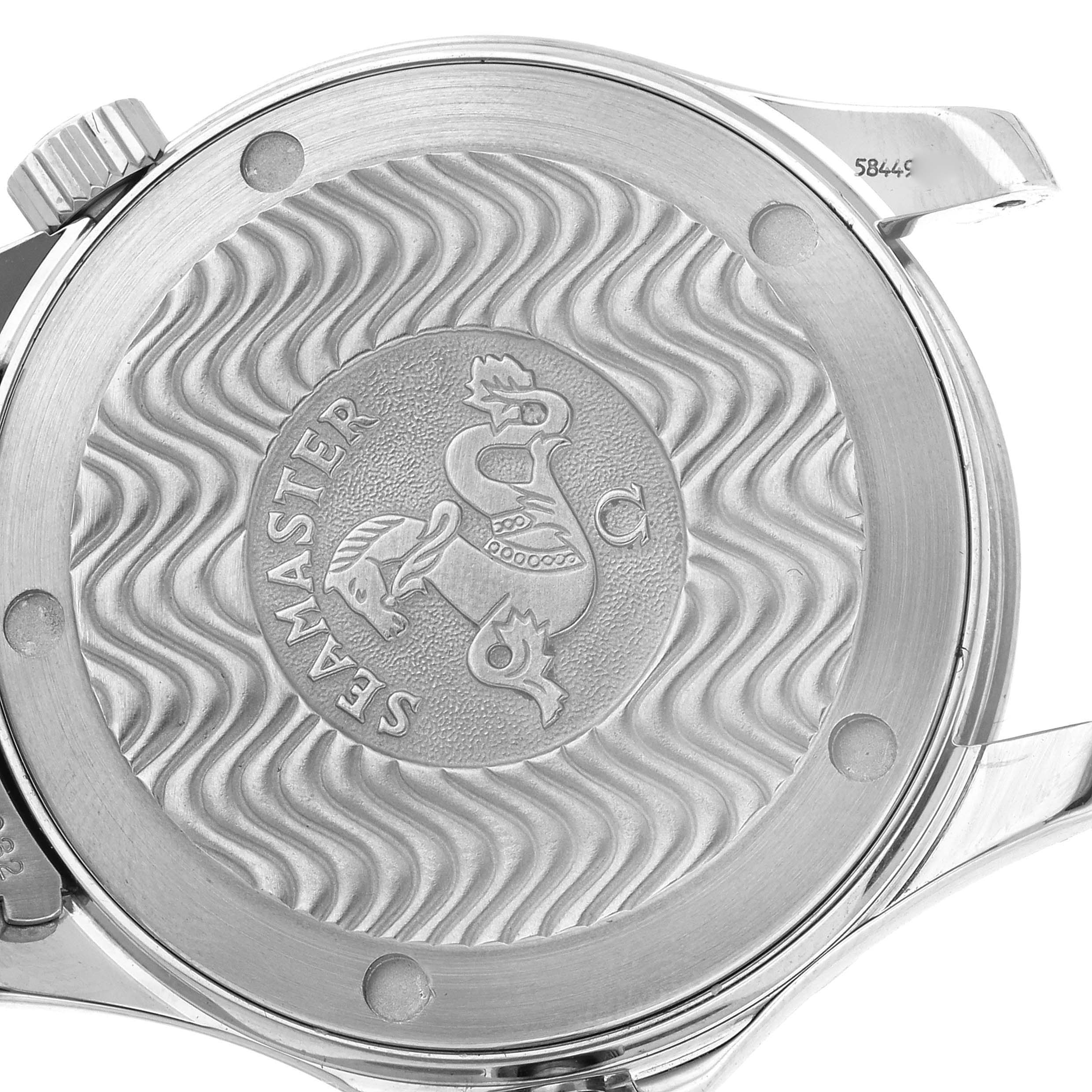 The image shows the case back of an Omega Seamaster 2262.50.00 Men
s Stainless Steel Black Dial 2262.50.00 Men
s Stainless Steel Black Dial watch, featuring the engraved Seamaster logo with a wavy pattern.