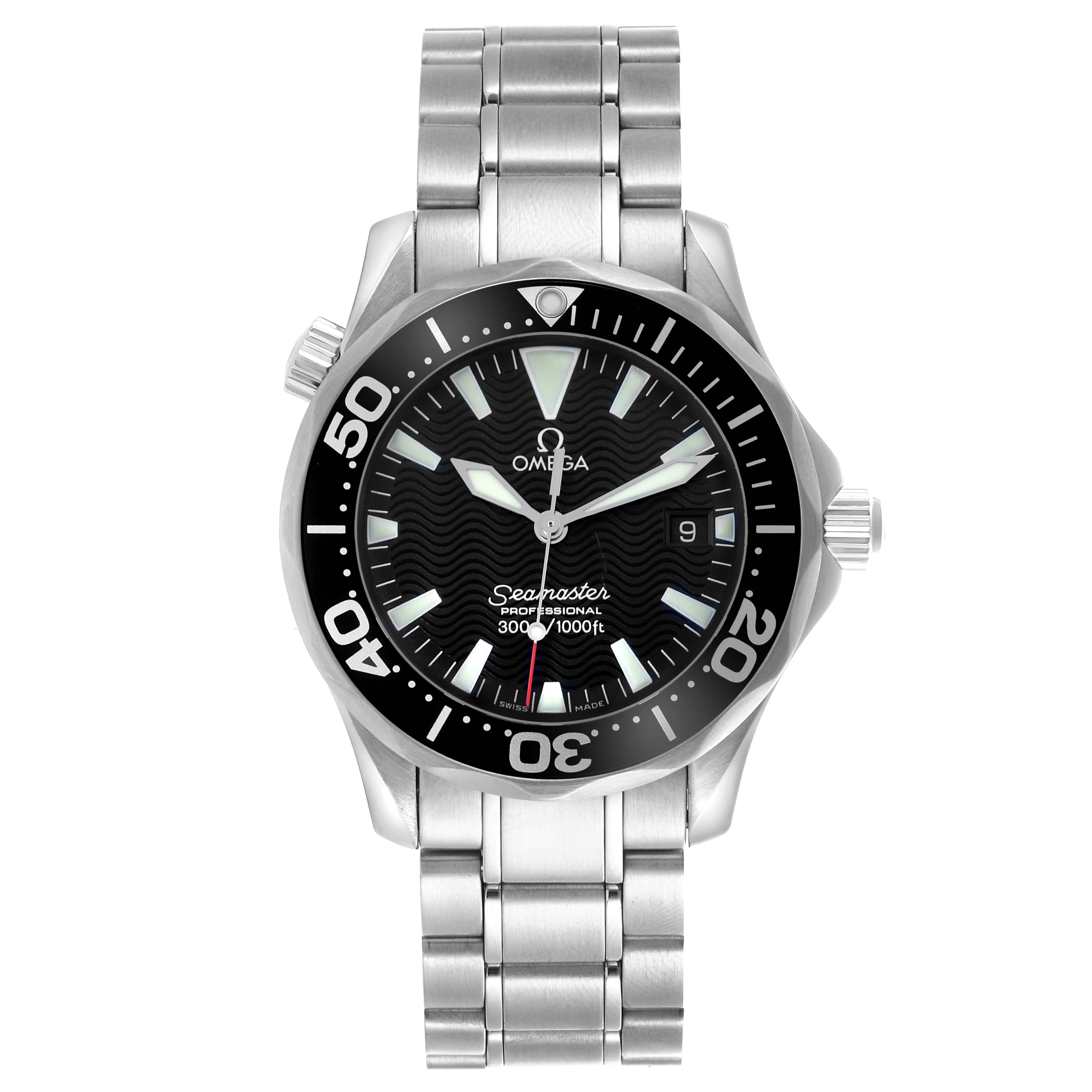 The Omega Seamaster 2262.50.00 Men
s Stainless Steel Black Dial 2262.50.00 Men
s Stainless Steel Black Dial watch is shown from a straight-on angle, displaying the face, bezel, and stainless steel bracelet.