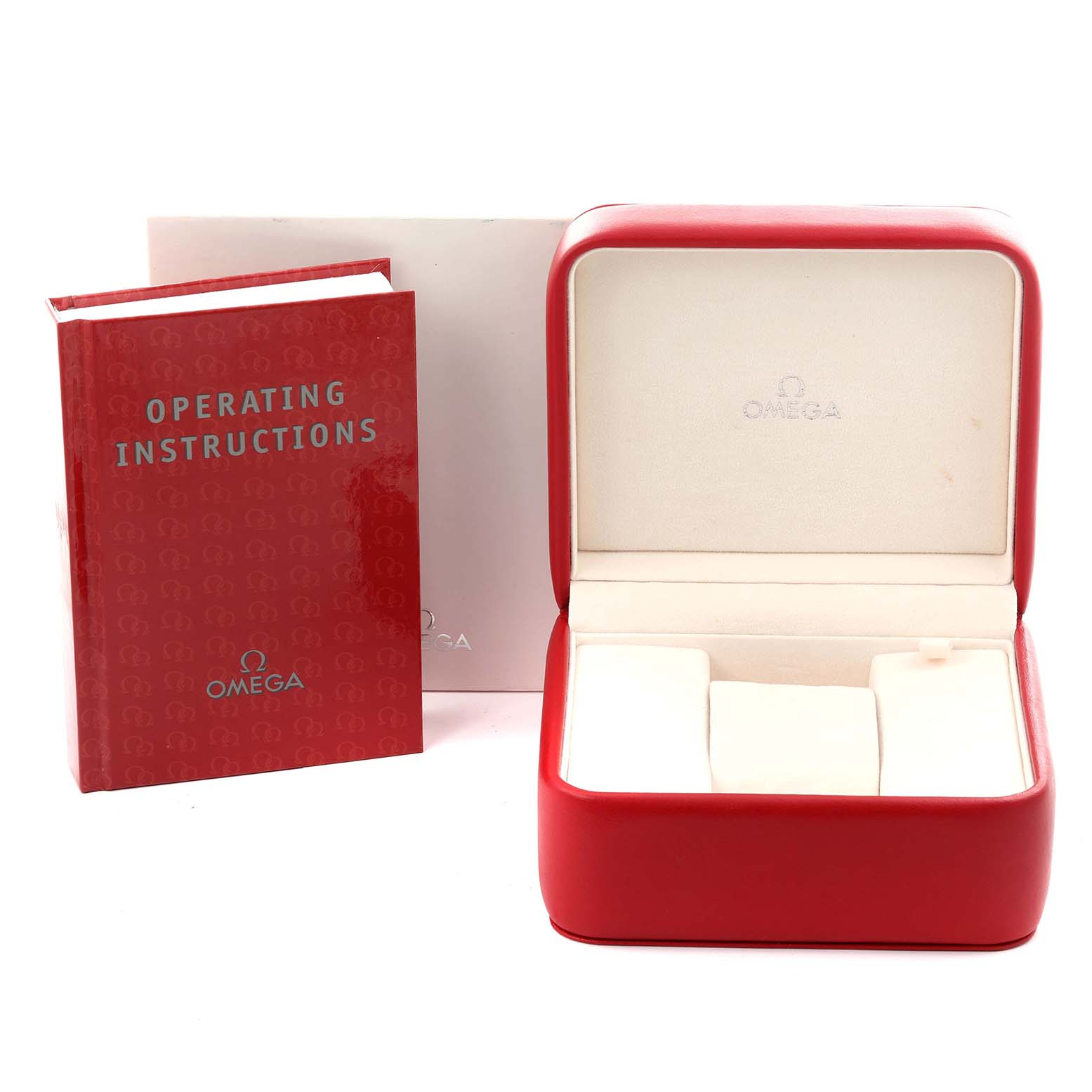 The image shows an Omega Seamaster 2262.50.00 Men
s Stainless Steel Black Dial 2262.50.00 Men
s Stainless Steel Black Dial watch box, operating instructions, and packaging from a frontal angle.