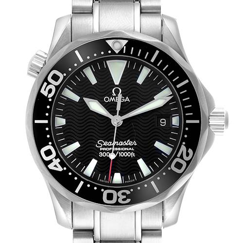 The Omega Seamaster watch is shown from a front angle, displaying the dial, bezel, hands, crown, and part of the bracelet.