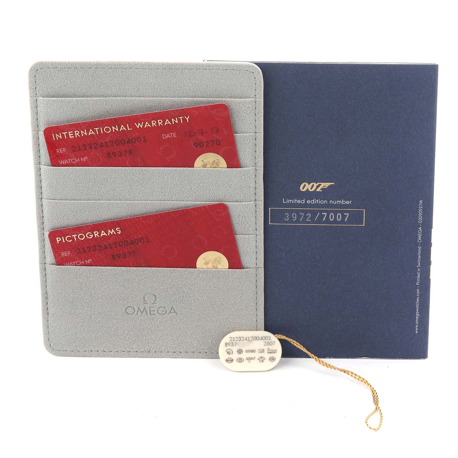 The image shows Omega Seamaster 212.32.41.20.04.001 Men's Stainless Steel White Dial 212.32.41.20.04.001 Men's Stainless Steel White Dial accessories including a cardholder with warranty cards and a 007-themed booklet.