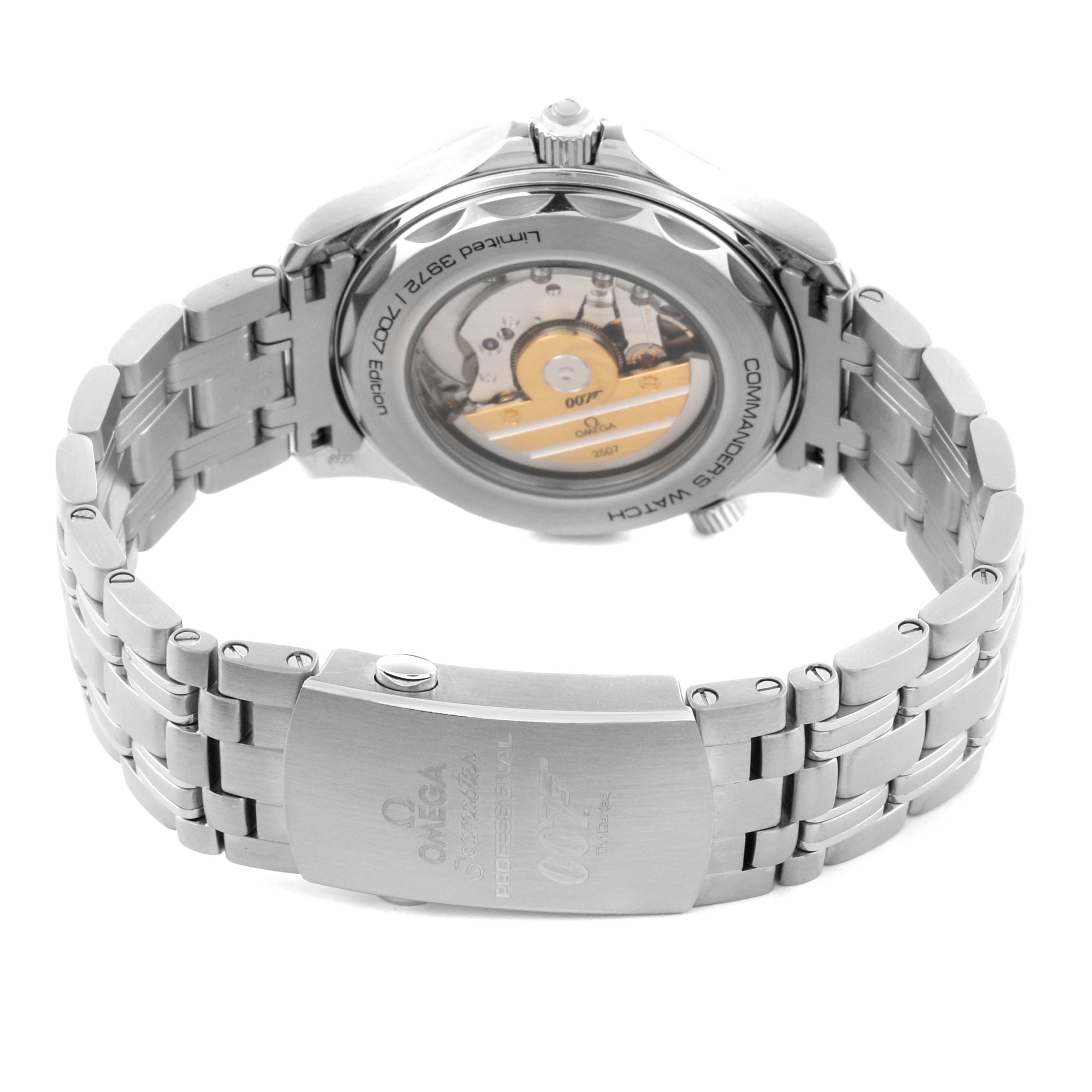 The image shows the Omega Seamaster 212.32.41.20.04.001 Men's Stainless Steel White Dial 212.32.41.20.04.001 Men's Stainless Steel White Dial's open clasp, showcasing the rear side, revealing the movement through a transparent case back.