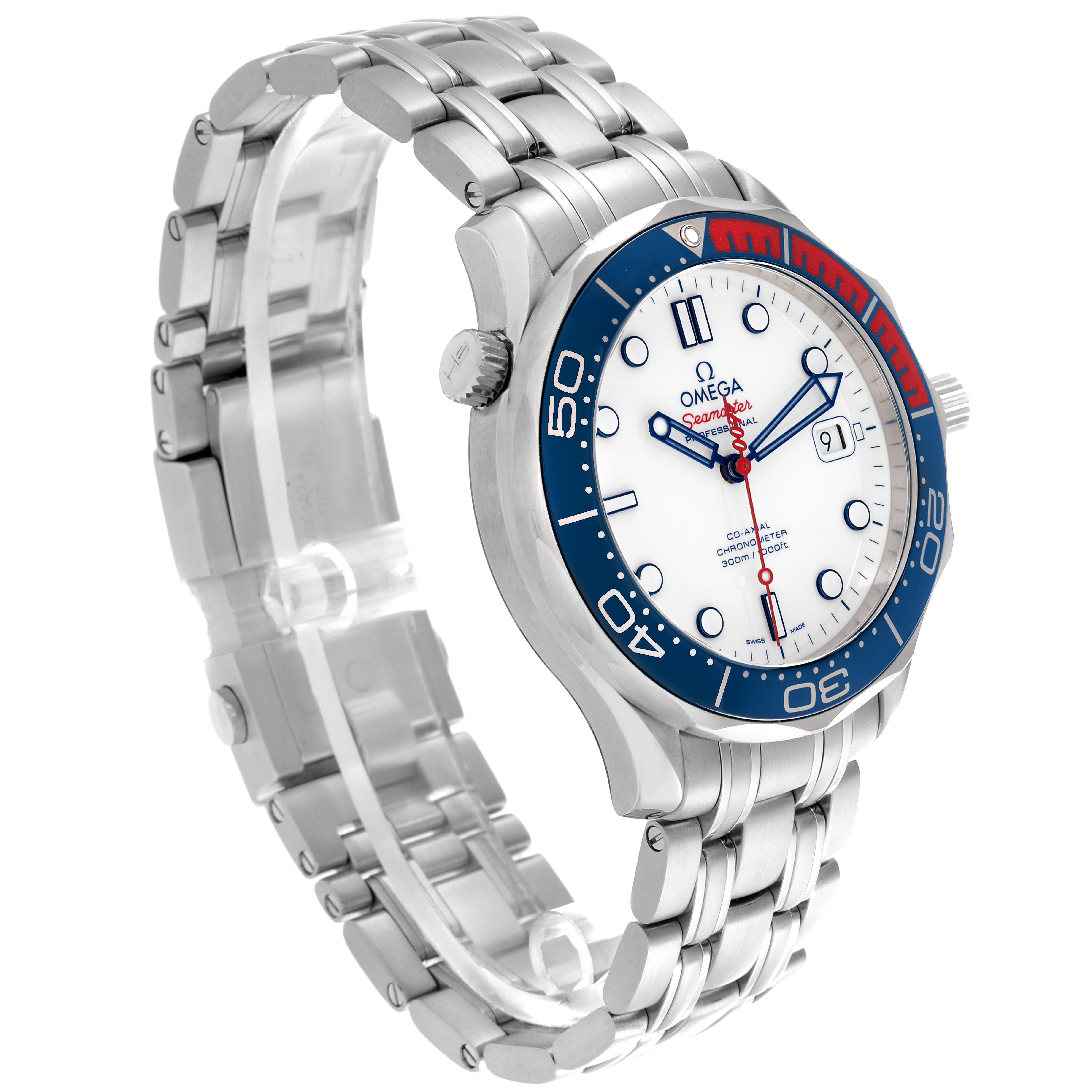 The Omega Seamaster 212.32.41.20.04.001 Men's Stainless Steel White Dial 212.32.41.20.04.001 Men's Stainless Steel White Dial watch is shown at a three-quarter angle, highlighting its face, bezel, and bracelet.