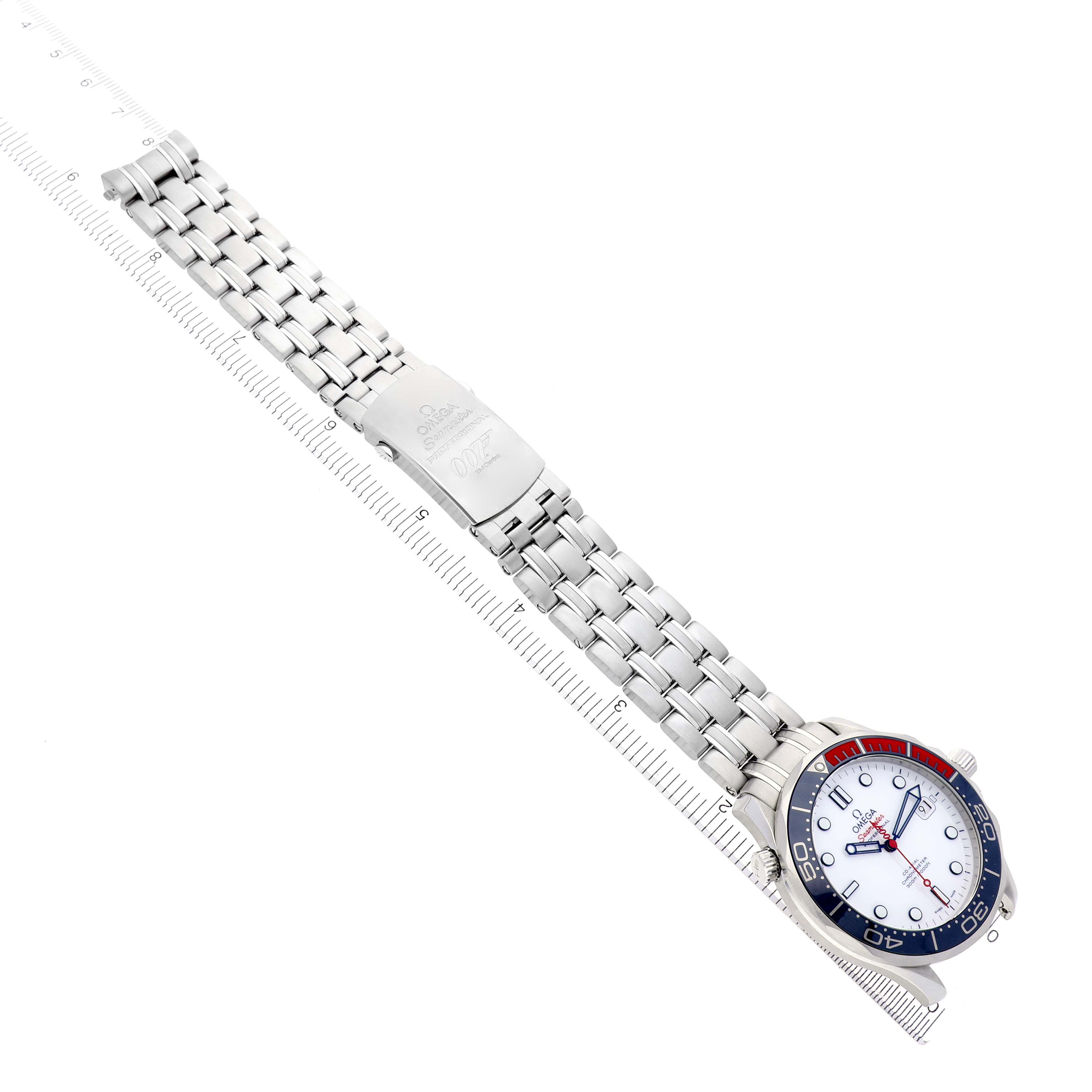 The image shows an angled view of the Omega Seamaster 212.32.41.20.04.001 Men's Stainless Steel White Dial 212.32.41.20.04.001 Men's Stainless Steel White Dial watch, highlighting the bezel, dial, bracelet, and clasp.