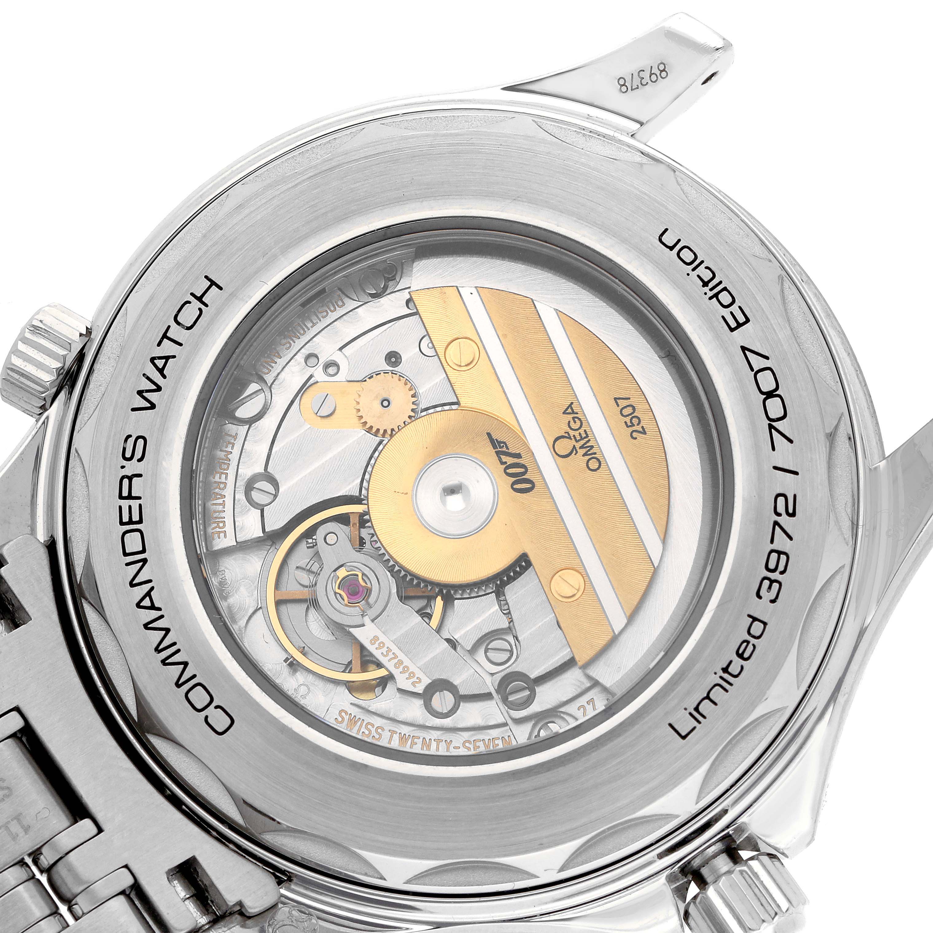 The image shows the back case of an Omega Seamaster 212.32.41.20.04.001 Men's Stainless Steel White Dial 212.32.41.20.04.001 Men's Stainless Steel White Dial, highlighting the intricate movement and limited edition engravings.