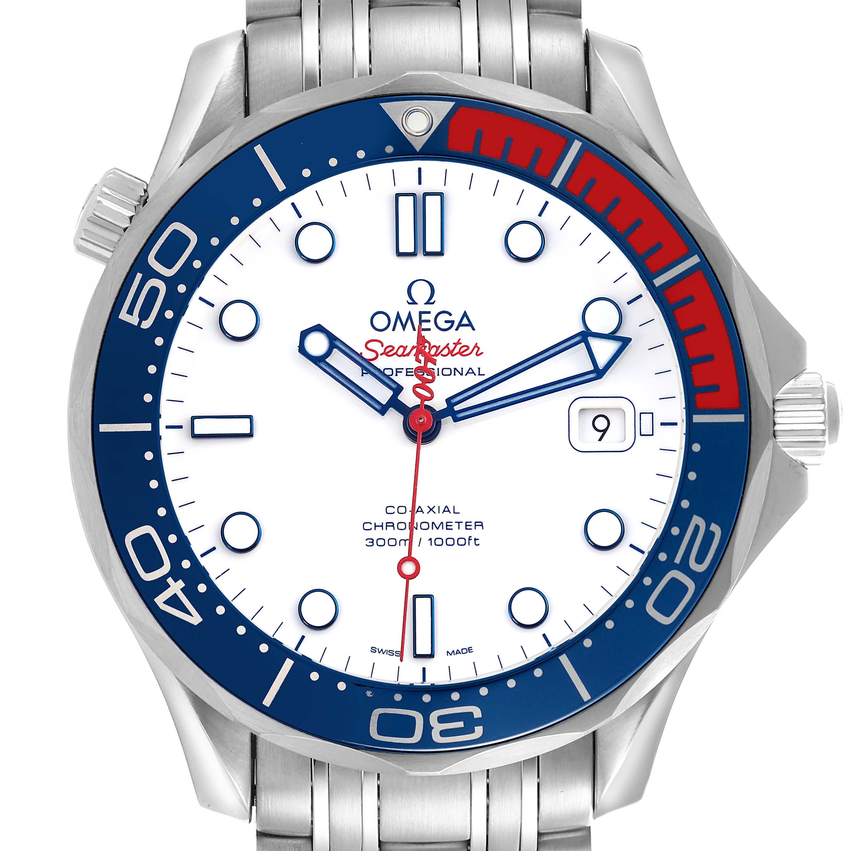 The Omega Seamaster 212.32.41.20.04.001 Men's Stainless Steel White Dial 212.32.41.20.04.001 Men's Stainless Steel White Dial watch is shown from a front angle, highlighting its white dial, blue bezel, and stainless steel bracelet.