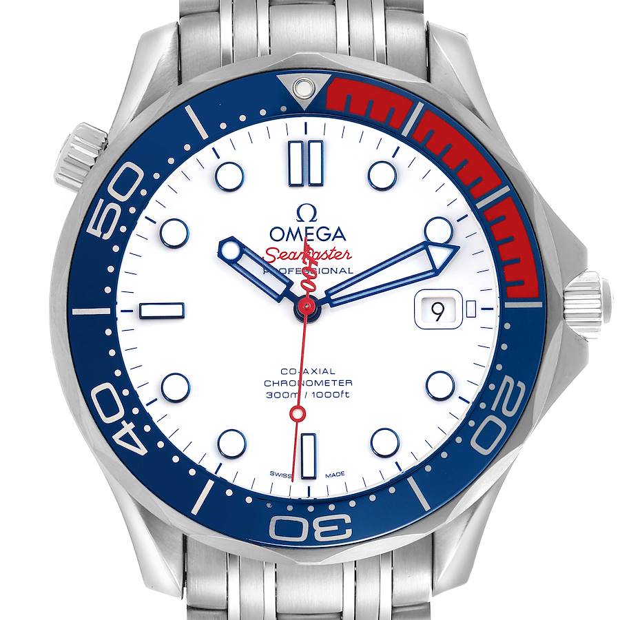 The Omega Seamaster watch is shown from a front angle, highlighting its white dial, blue bezel, and stainless steel bracelet.