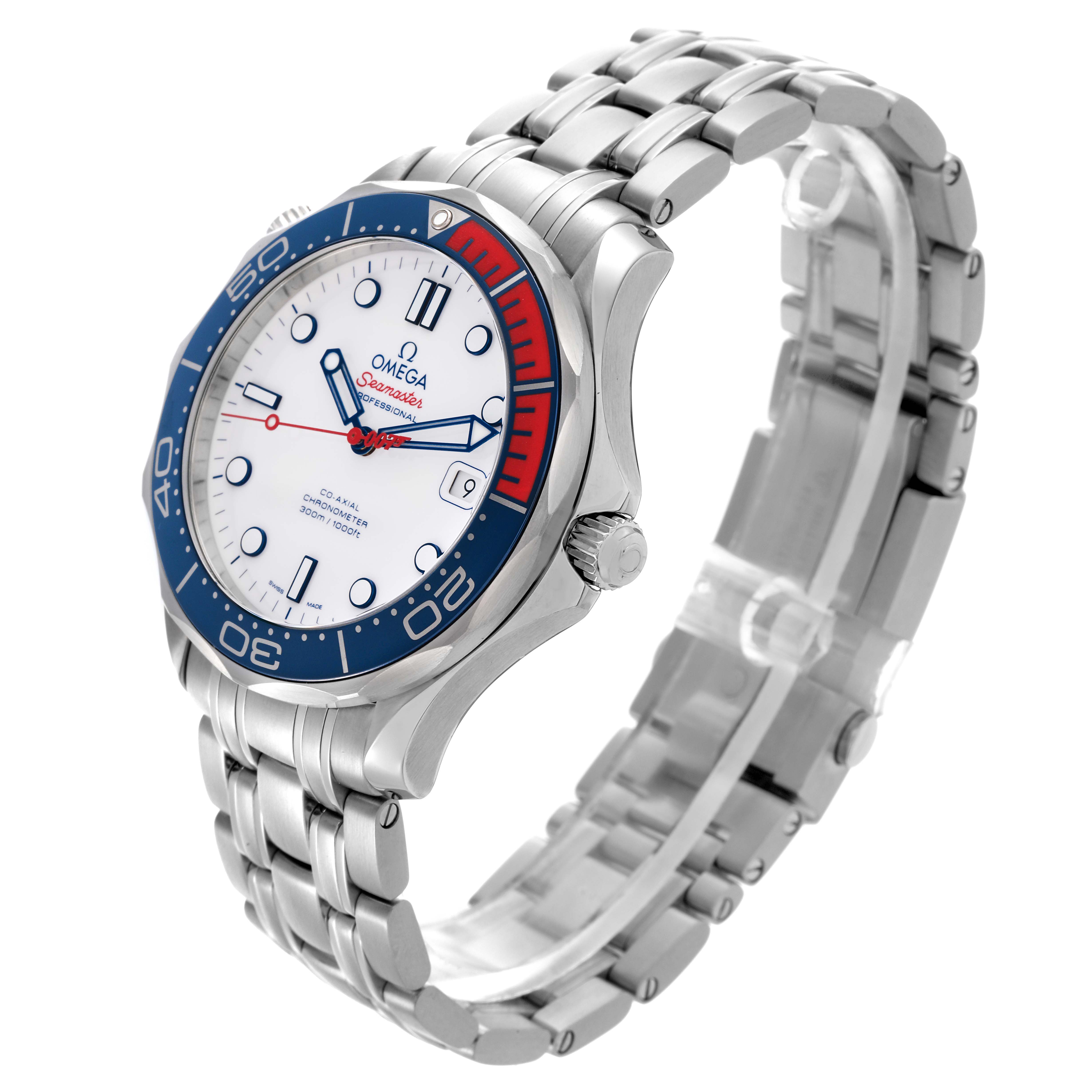 The Omega Seamaster 212.32.41.20.04.001 Men's Stainless Steel White Dial 212.32.41.20.04.001 Men's Stainless Steel White Dial watch is shown at a three-quarter angle, highlighting the bezel, dial, crown, and bracelet.