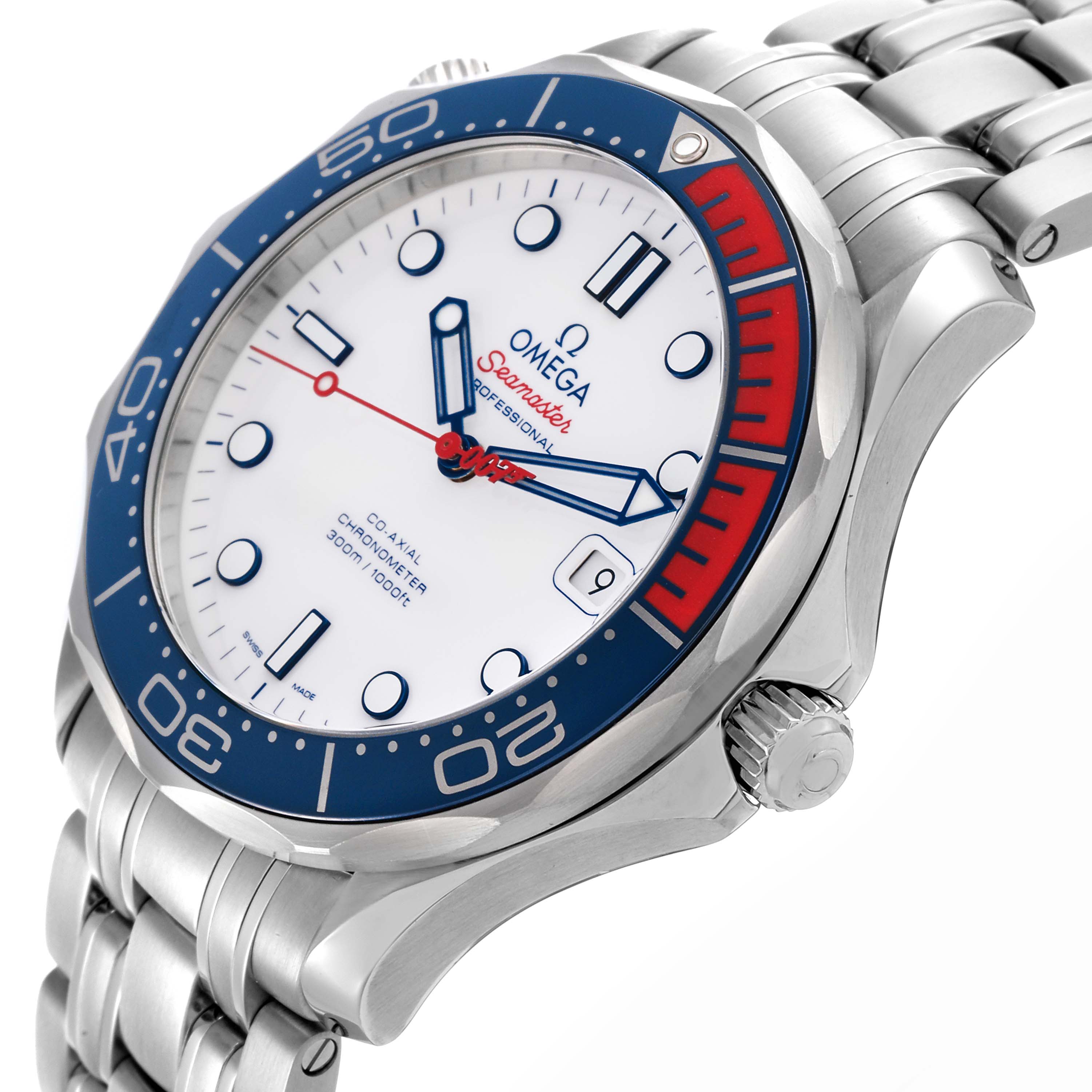 The Omega Seamaster 212.32.41.20.04.001 Men's Stainless Steel White Dial 212.32.41.20.04.001 Men's Stainless Steel White Dial watch is shown from an angled side view, highlighting the bezel, crown, and bracelet.
