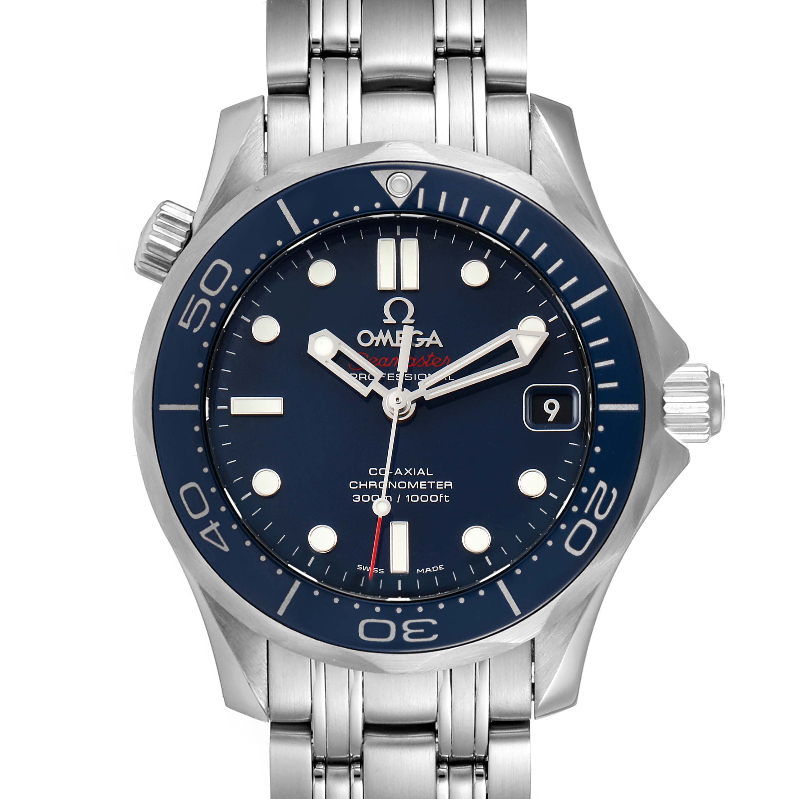 The image shows a front view of the Omega Seamaster 212.30.36.20.03.001 Men
s Stainless Steel Blue Dial 212.30.36.20.03.001 Men
s Stainless Steel Blue Dial watch, highlighting its blue dial, bezel, and stainless steel bracelet.