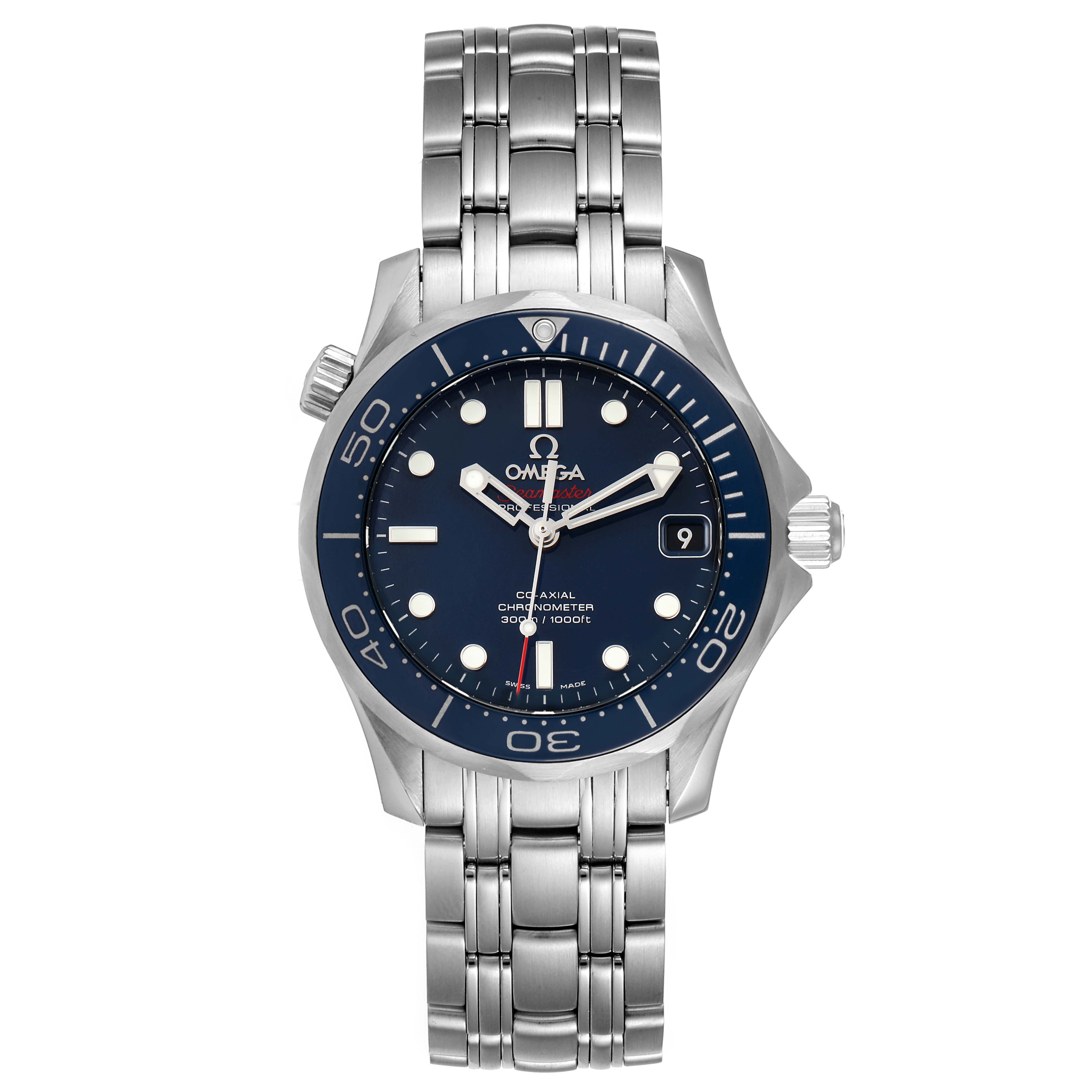 The image shows a front view of the Omega Seamaster 212.30.36.20.03.001 Men
s Stainless Steel Blue Dial 212.30.36.20.03.001 Men
s Stainless Steel Blue Dial watch with a blue dial and a stainless steel bracelet.