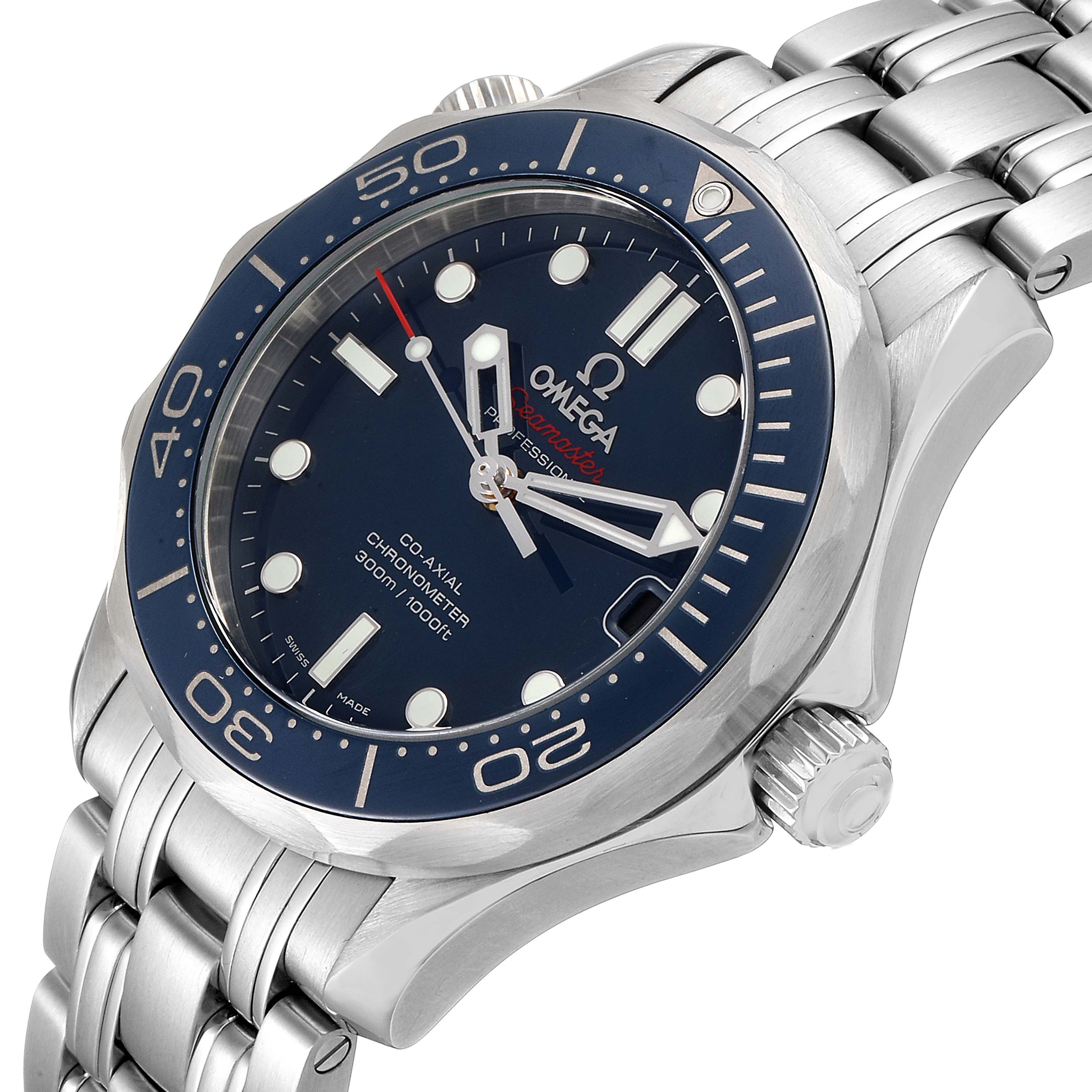 The image shows an angled view of the Omega Seamaster 212.30.36.20.03.001 Men
s Stainless Steel Blue Dial 212.30.36.20.03.001 Men
s Stainless Steel Blue Dial watch, focusing on the face, bezel, crown, and stainless steel bracelet.