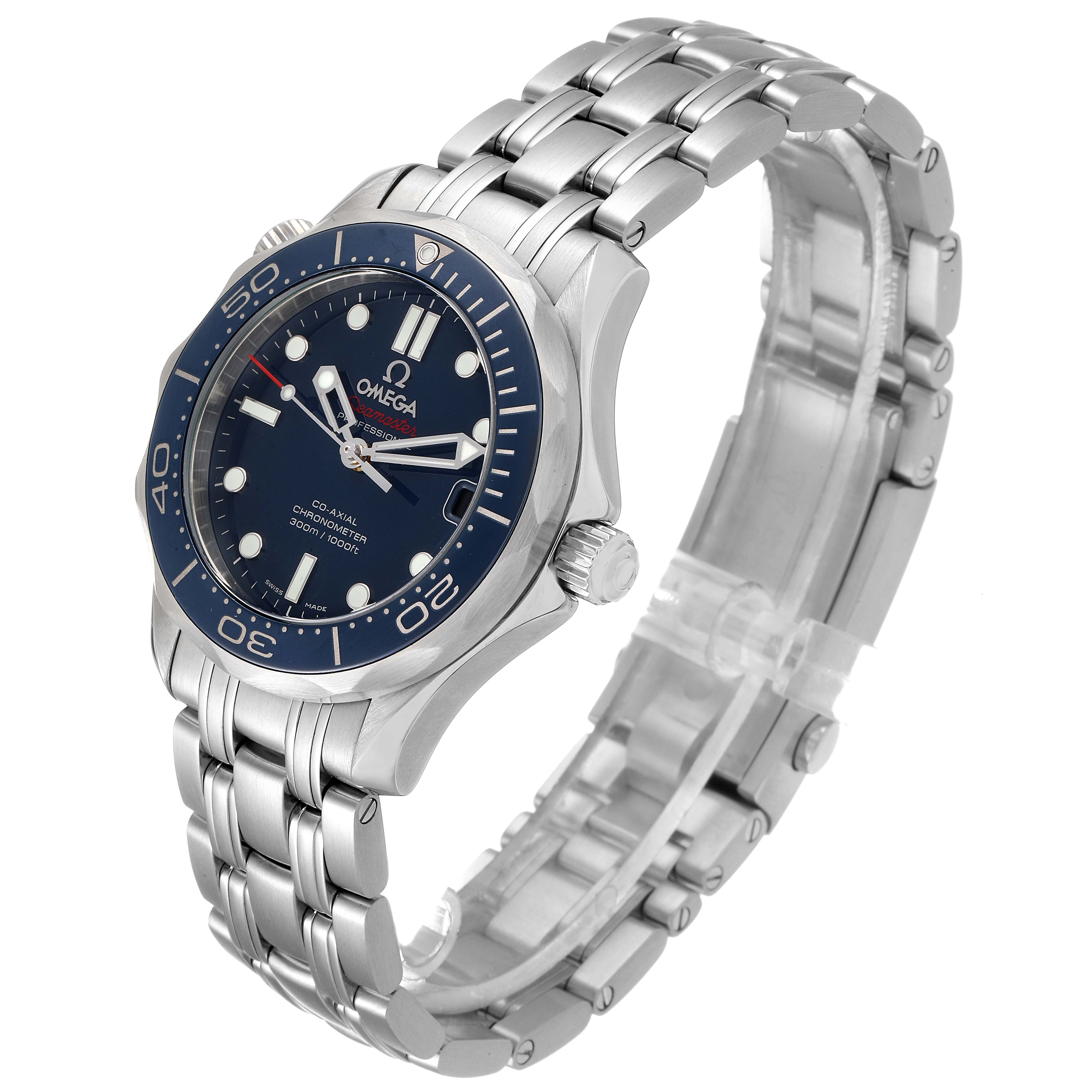 The image shows an angled view of the Omega Seamaster 212.30.36.20.03.001 Men
s Stainless Steel Blue Dial 212.30.36.20.03.001 Men
s Stainless Steel Blue Dial watch, highlighting the dial, bezel, and stainless steel bracelet.