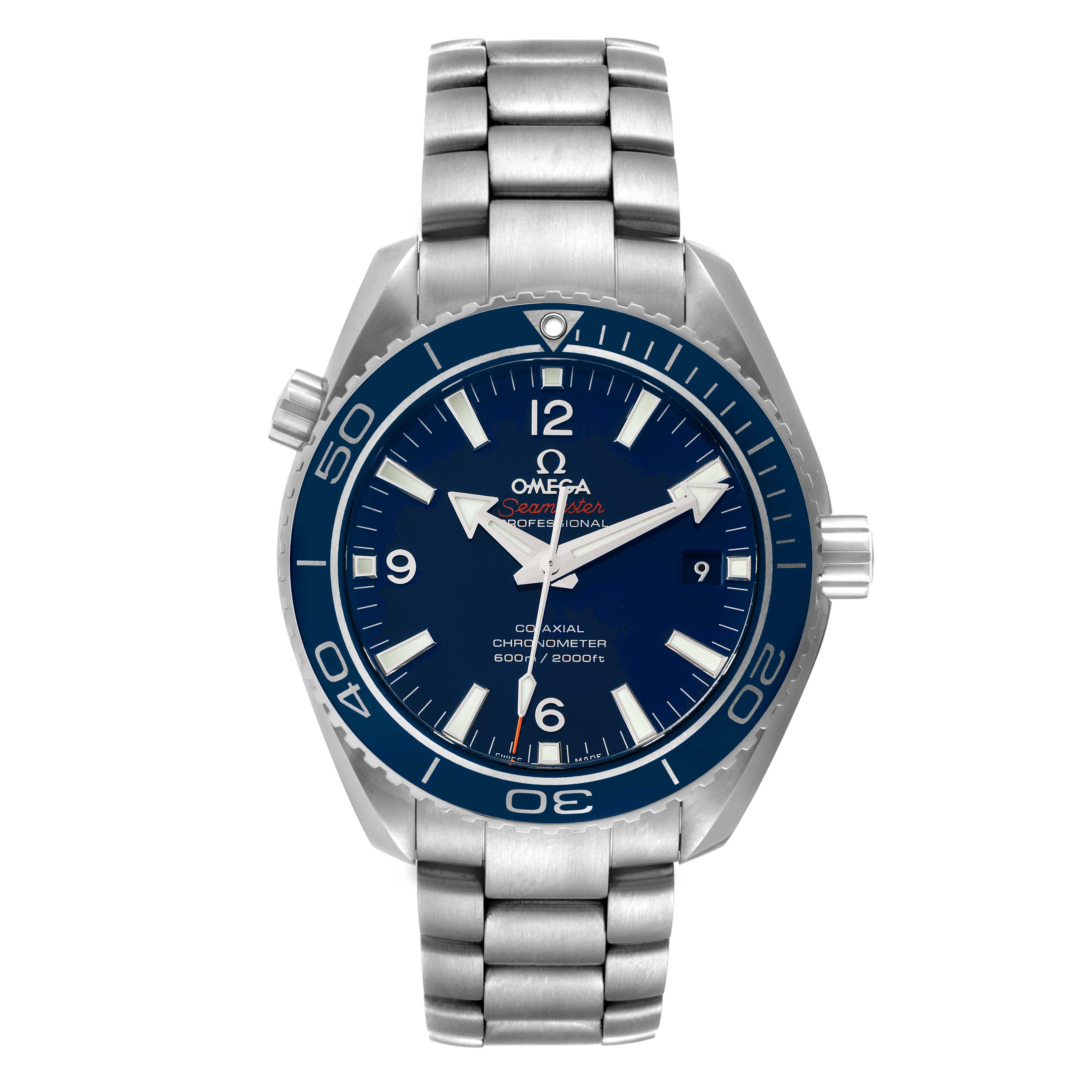 The Omega Planet Ocean 232.90.42.21.03.001 Men
s Stainless Steel Blue Dial 232.90.42.21.03.001 Men
s Stainless Steel Blue Dial watch is shown from a front angle, displaying its face, bezel, crown, and stainless steel bracelet.