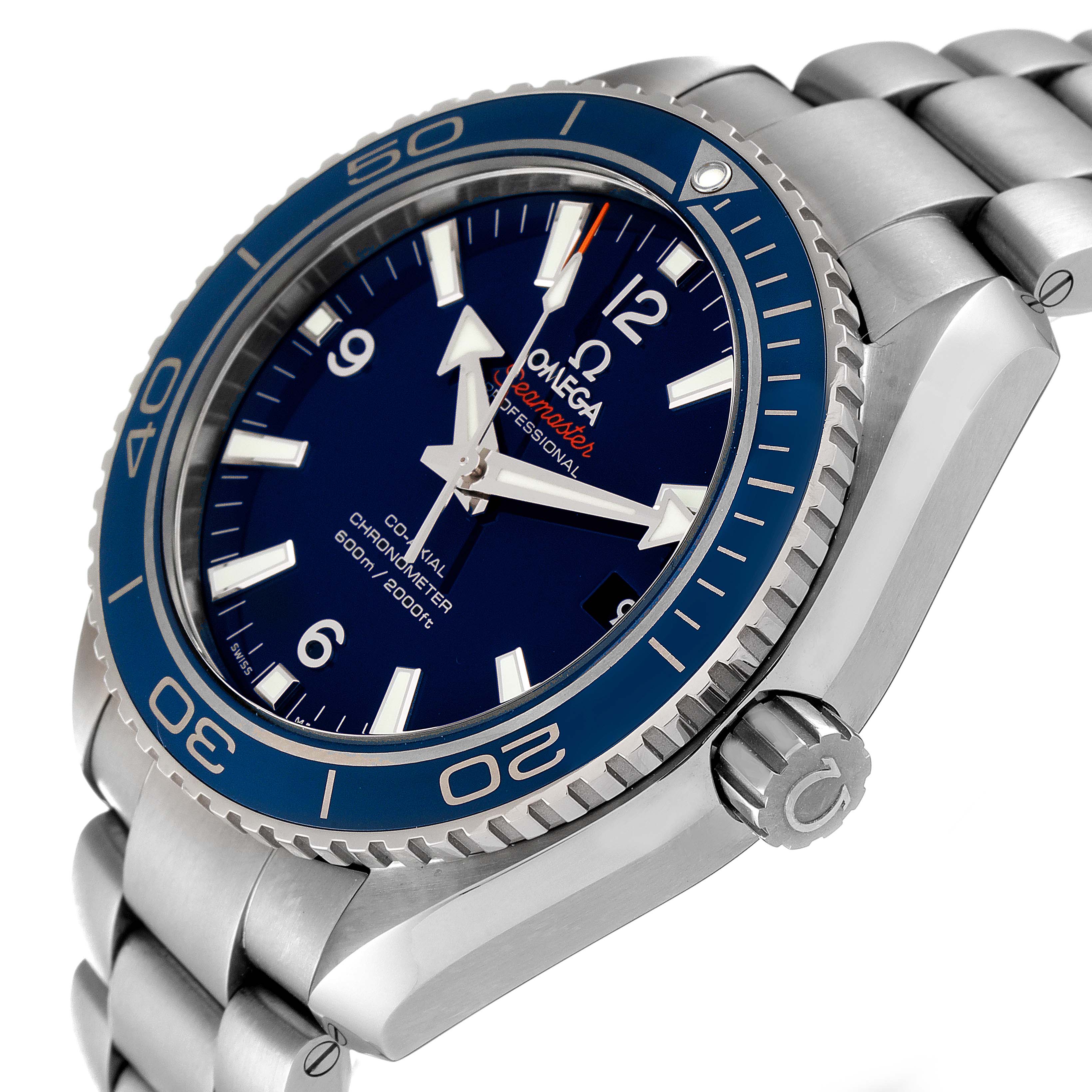 The Omega Planet Ocean 232.90.42.21.03.001 Men
s Stainless Steel Blue Dial 232.90.42.21.03.001 Men
s Stainless Steel Blue Dial watch is shown at a three-quarter angle, highlighting its face, bezel, crown, and part of the bracelet.