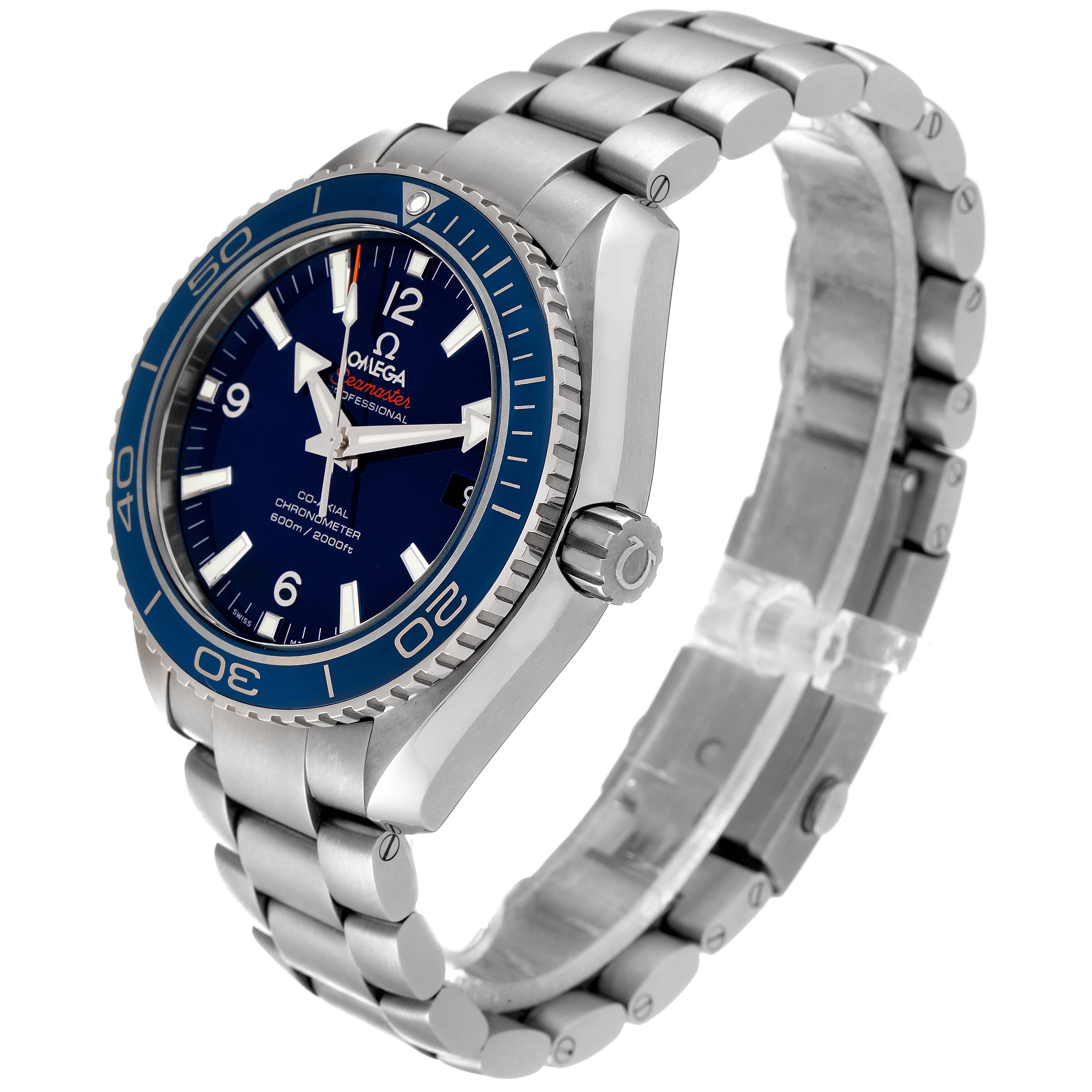 The image shows an angled view of the Omega Planet Ocean 232.90.42.21.03.001 Men
s Stainless Steel Blue Dial 232.90.42.21.03.001 Men
s Stainless Steel Blue Dial watch, highlighting the dial, bezel, case, crown, and bracelet.