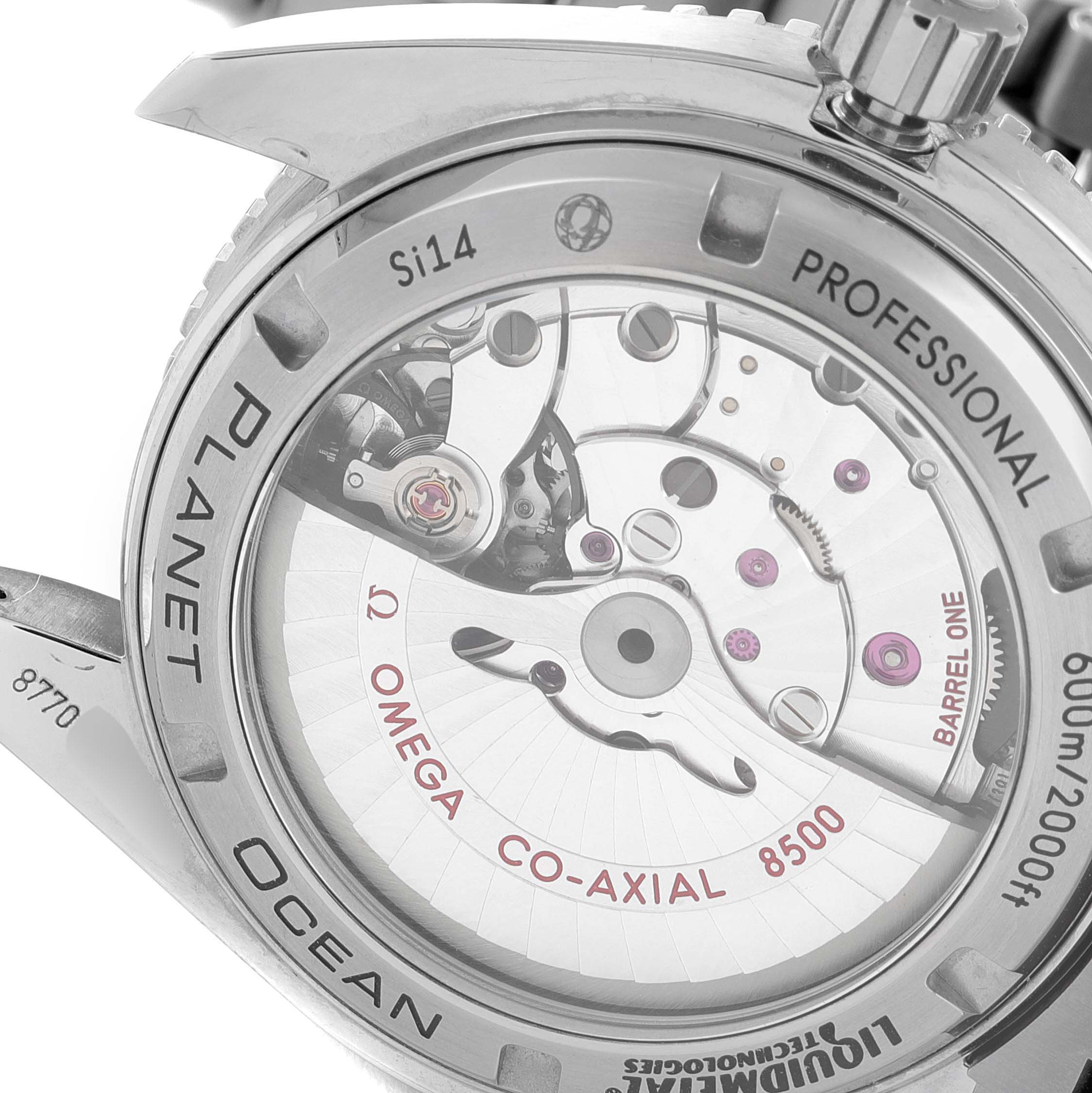 This image shows the back view of the Omega Planet Ocean 232.90.42.21.03.001 Men
s Stainless Steel Blue Dial 232.90.42.21.03.001 Men
s Stainless Steel Blue Dial watch, highlighting the Co-Axial 8500 movement and detailing.