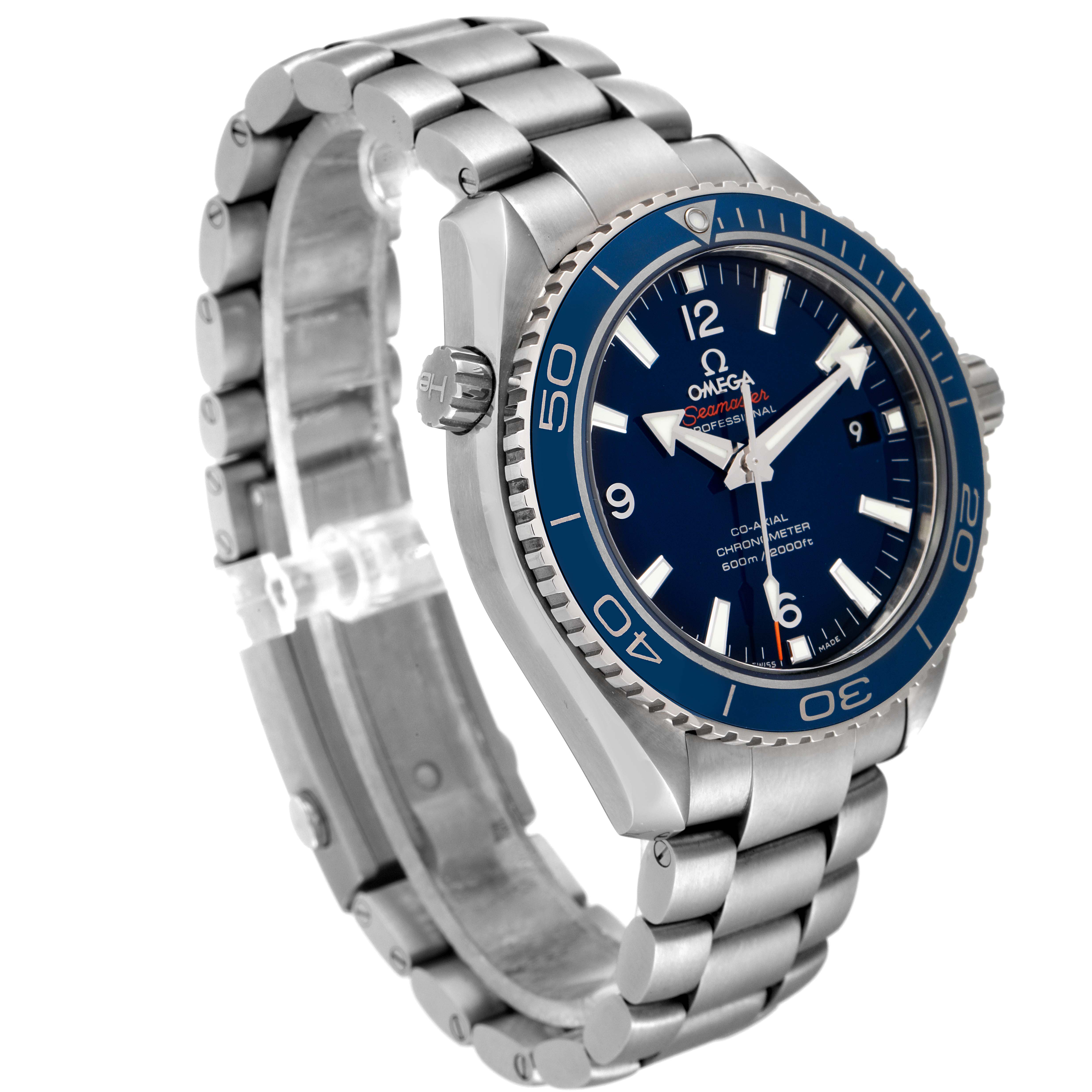 The image shows a side angle view of the Omega Planet Ocean 232.90.42.21.03.001 Men
s Stainless Steel Blue Dial 232.90.42.21.03.001 Men
s Stainless Steel Blue Dial watch, highlighting the face, bezel, and metal bracelet.