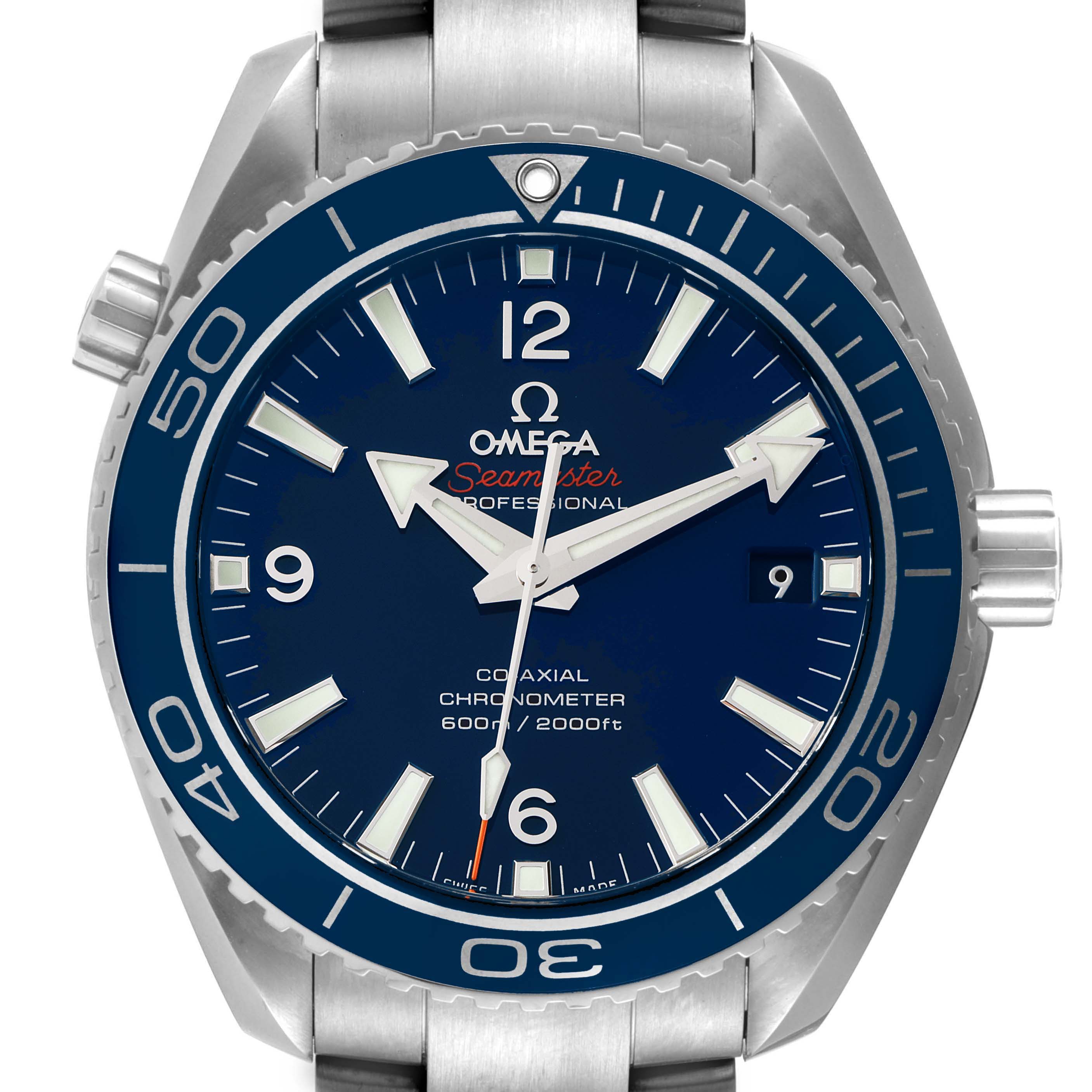 The image shows a front view of the Omega Planet Ocean 232.90.42.21.03.001 Men
s Stainless Steel Blue Dial 232.90.42.21.03.001 Men
s Stainless Steel Blue Dial Seamaster watch, highlighting the blue dial, bezel, and stainless steel case.