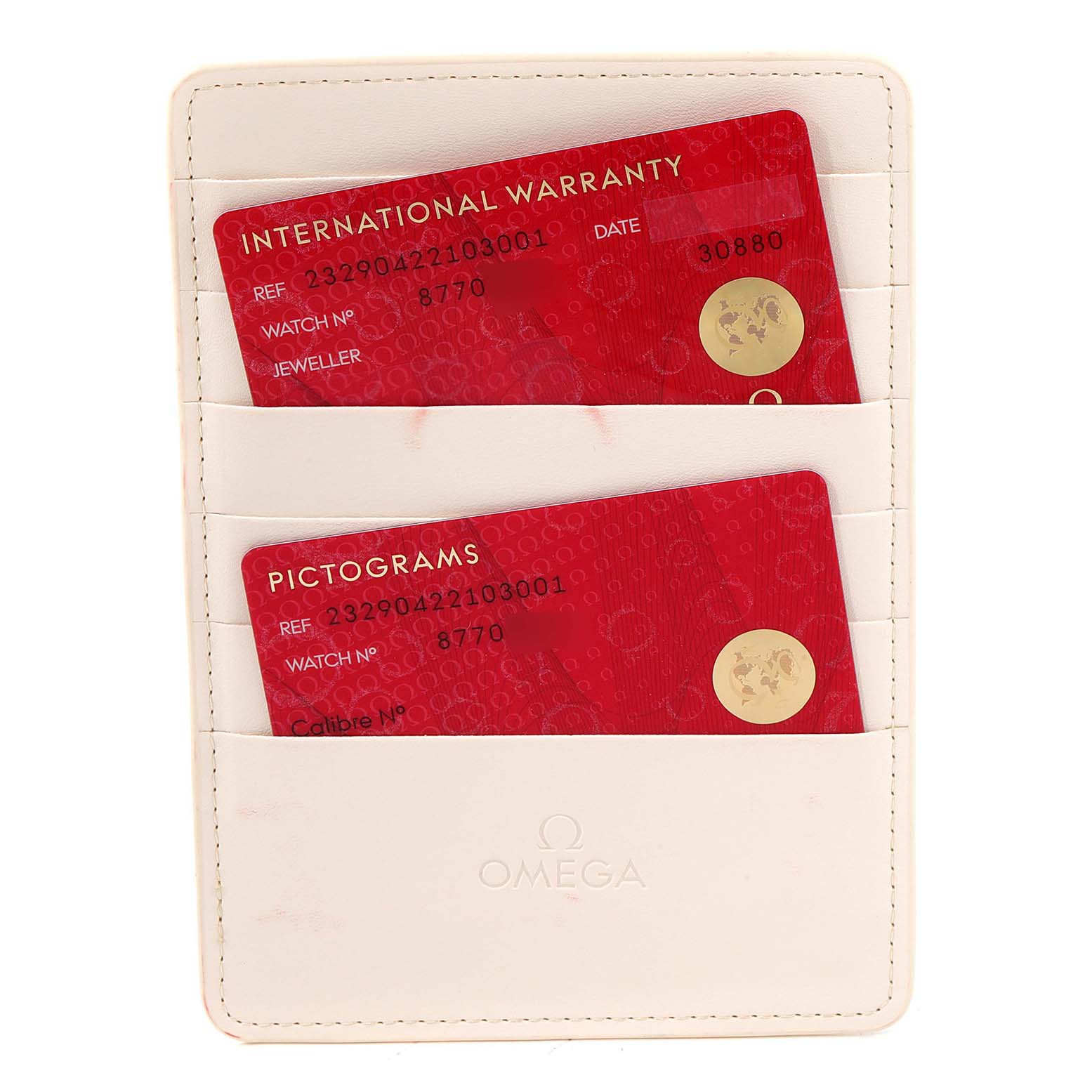 The image shows the warranty and pictogram cards for the Omega Planet Ocean 232.90.42.21.03.001 Men
s Stainless Steel Blue Dial 232.90.42.21.03.001 Men
s Stainless Steel Blue Dial watch in a white cardholder.