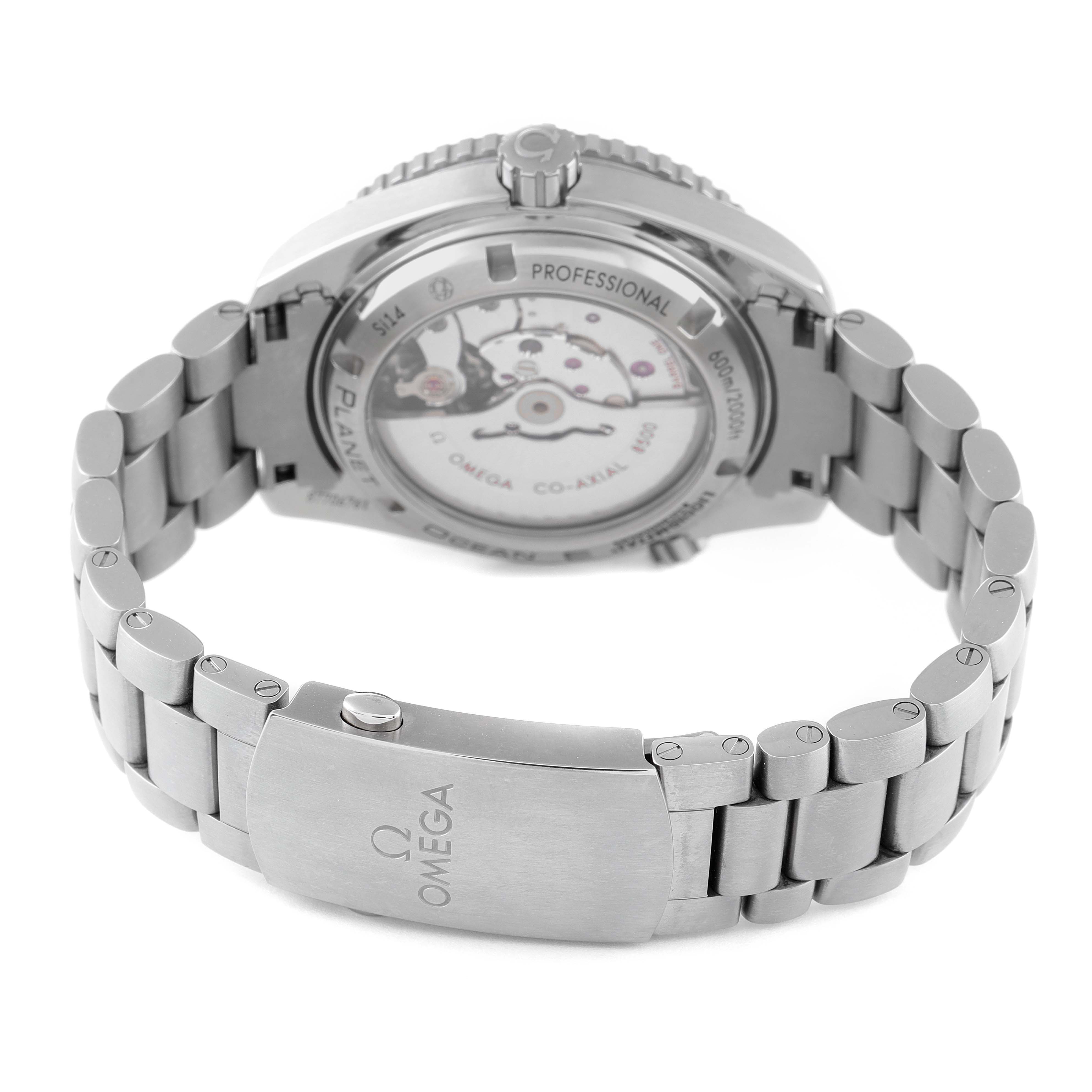 The image shows the back view of the Omega Planet Ocean 232.90.42.21.03.001 Men
s Stainless Steel Blue Dial 232.90.42.21.03.001 Men
s Stainless Steel Blue Dial watch, including the bracelet and clasp.