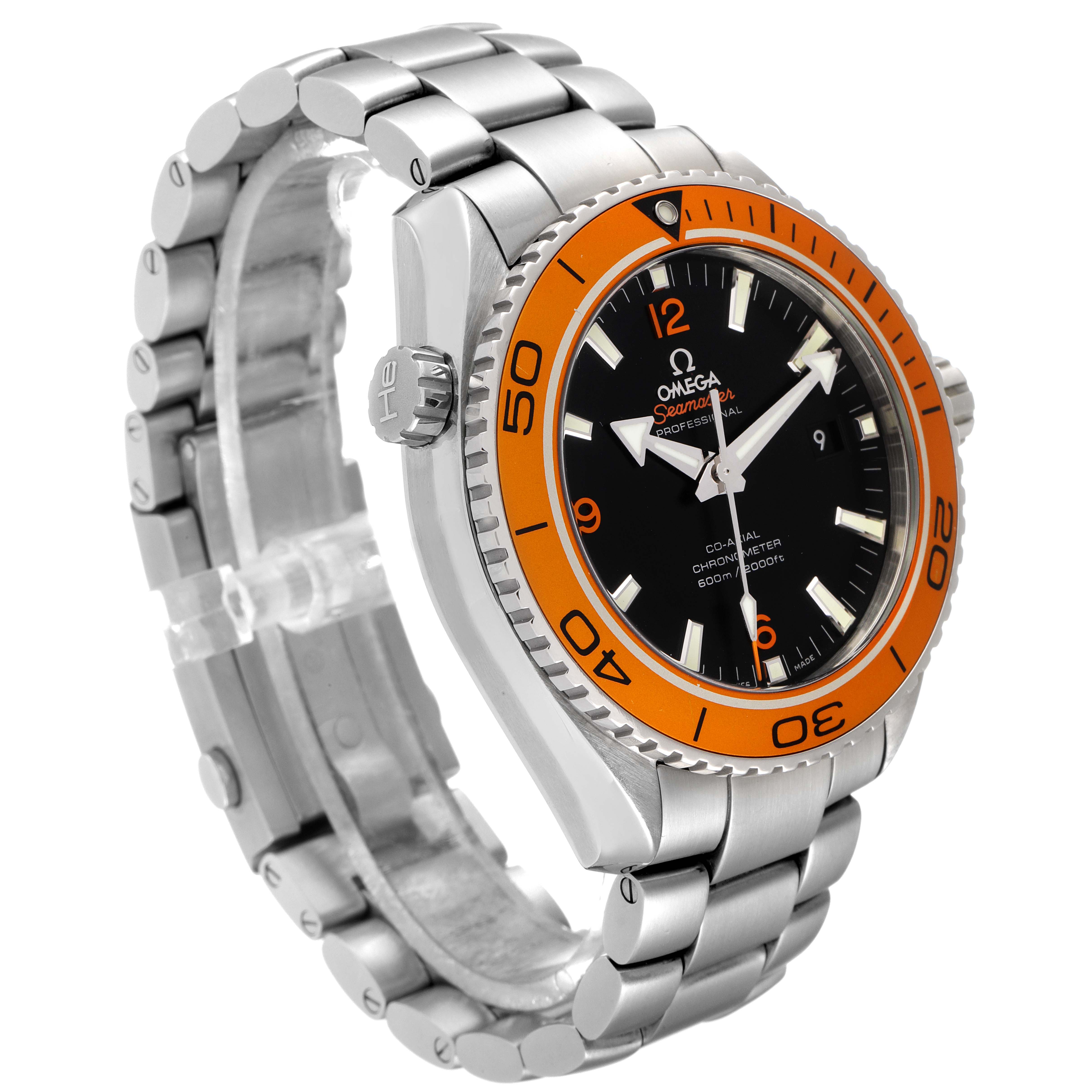 The Omega Planet Ocean 232.30.46.21.01.002 Men's Stainless Steel Black Dial 232.30.46.21.01.002 Men's Stainless Steel Black Dial watch is shown at a three-quarter angle, highlighting its orange bezel, black dial, and stainless steel bracelet.