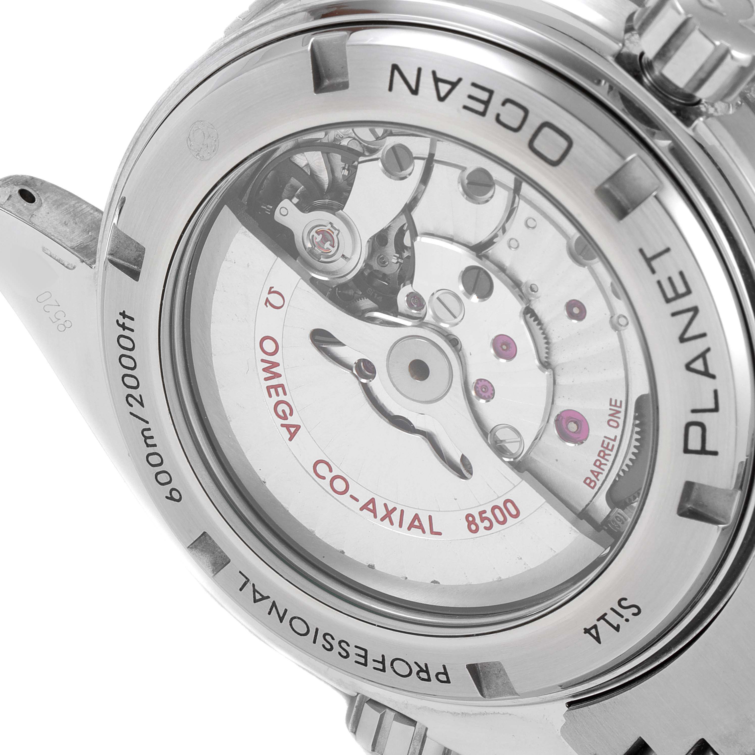 This image shows the back of the Omega Planet Ocean 232.30.46.21.01.002 Men's Stainless Steel Black Dial 232.30.46.21.01.002 Men's Stainless Steel Black Dial watch, highlighting the Co-Axial 8500 movement and water resistance markings.