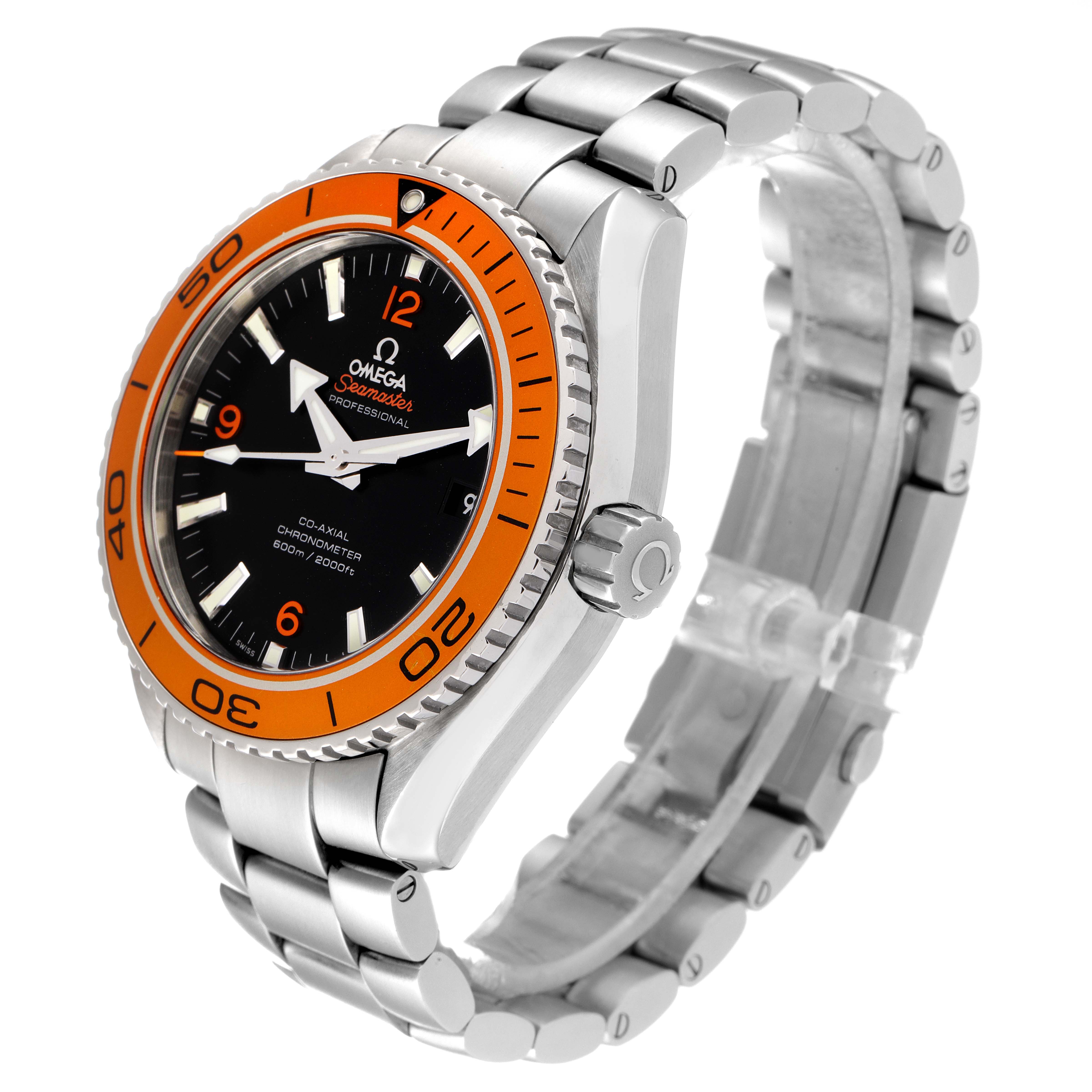 The image shows the Omega Planet Ocean 232.30.46.21.01.002 Men's Stainless Steel Black Dial 232.30.46.21.01.002 Men's Stainless Steel Black Dial watch at a three-quarter angle, highlighting the bezel, dial, crown, and bracelet.