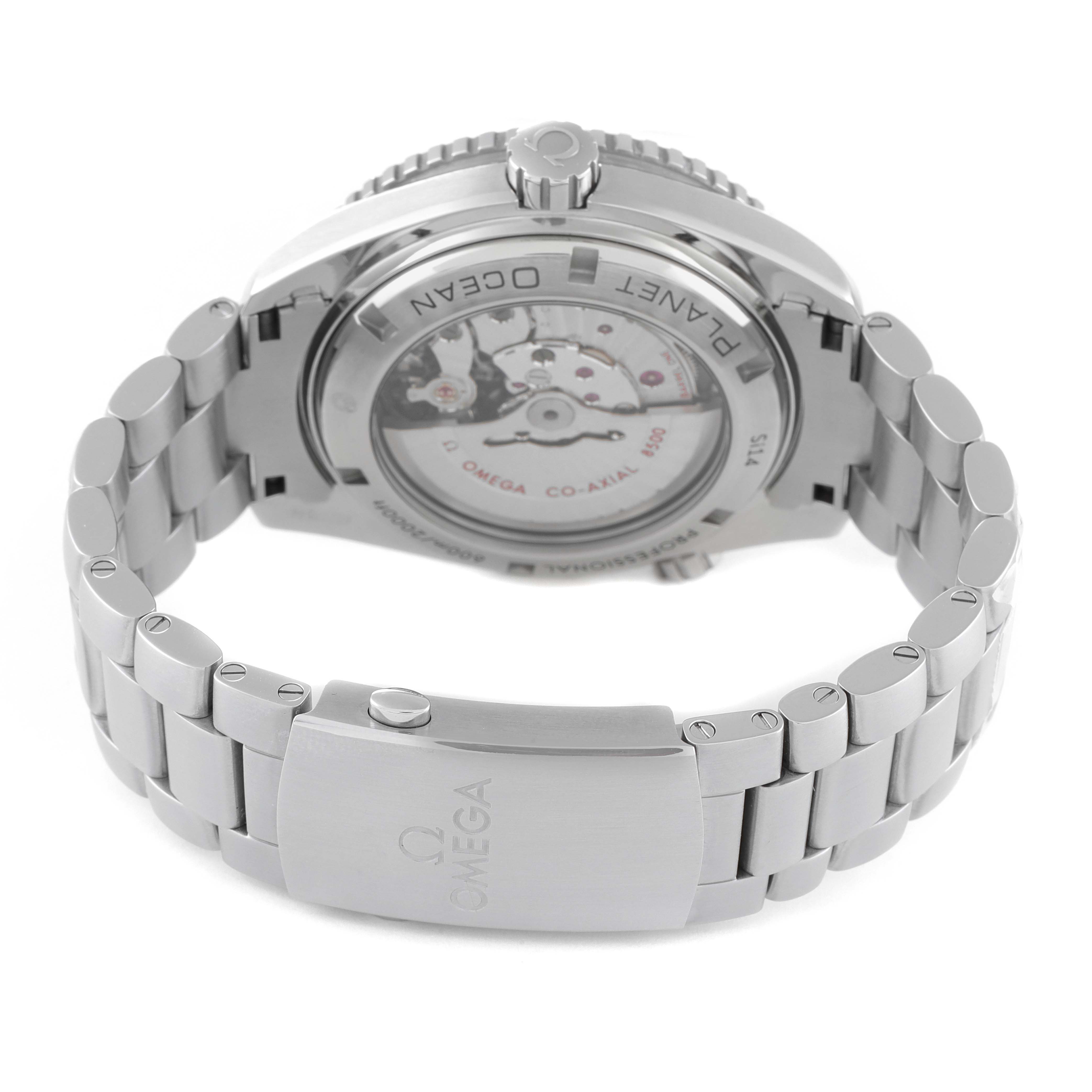 The image shows the back case, movement, and bracelet of the Omega Planet Ocean 232.30.46.21.01.002 Men's Stainless Steel Black Dial 232.30.46.21.01.002 Men's Stainless Steel Black Dial model watch.