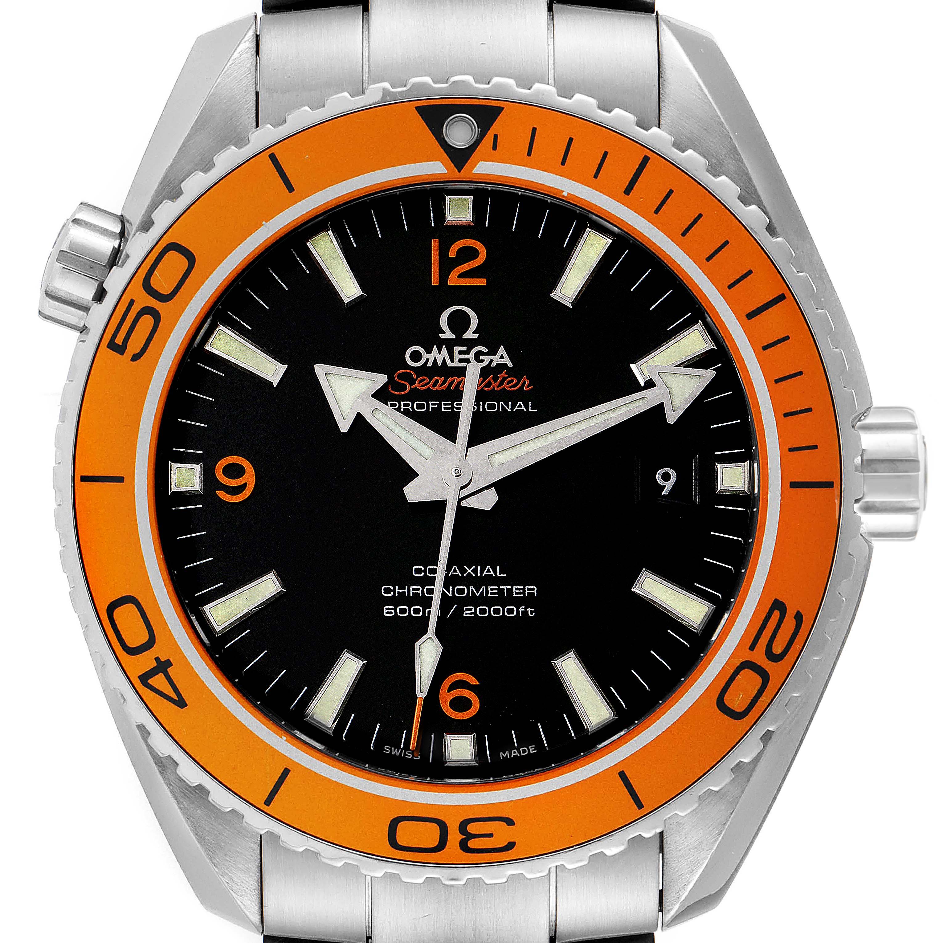 This image shows the front of the Omega Planet Ocean 232.30.46.21.01.002 Men's Stainless Steel Black Dial 232.30.46.21.01.002 Men's Stainless Steel Black Dial Seamaster watch, highlighting its orange bezel and black dial.