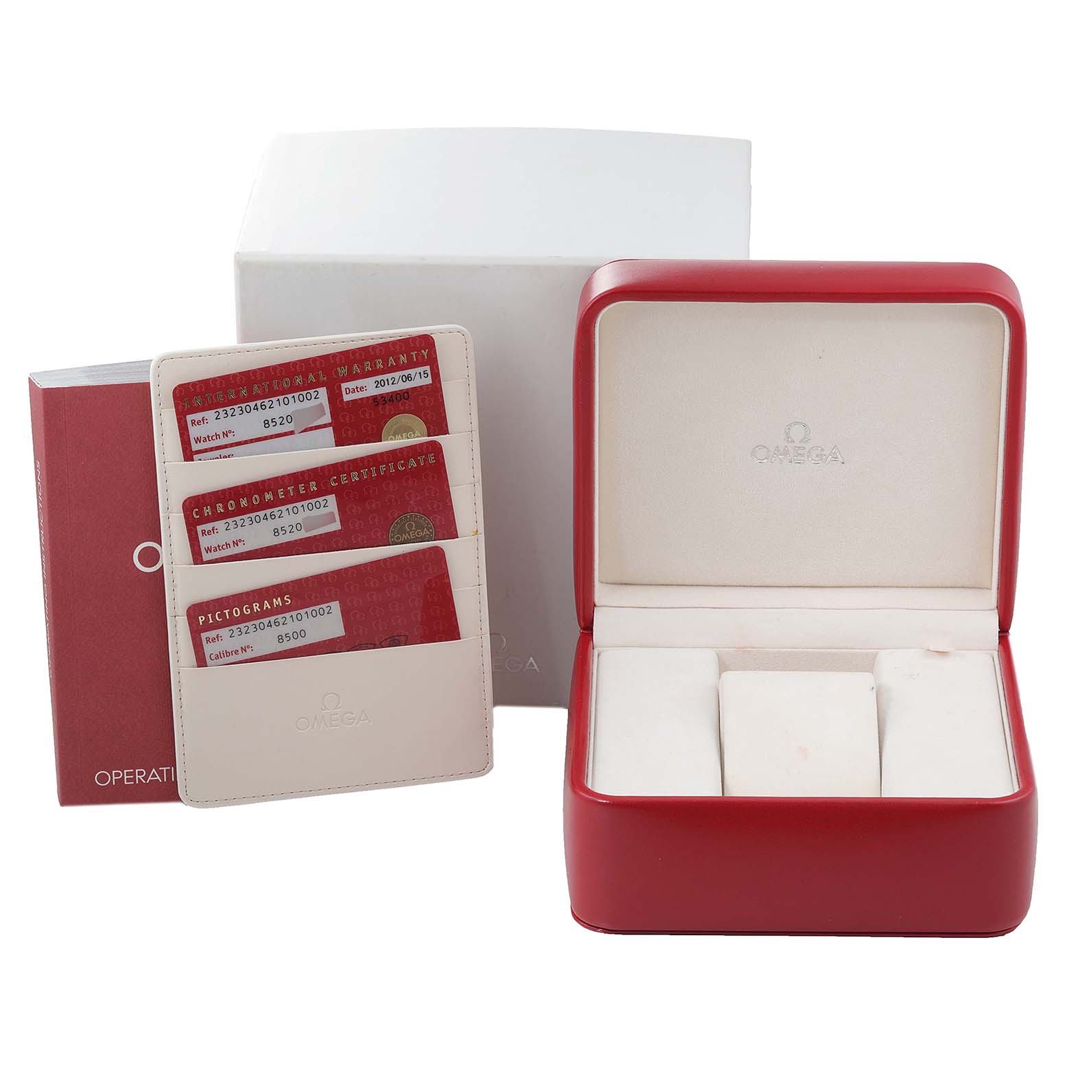 The image shows an open red Omega watch box, warranty certificates, a booklet, and external packaging for the Omega Planet Ocean 232.30.46.21.01.002 Men's Stainless Steel Black Dial 232.30.46.21.01.002 Men's Stainless Steel Black Dial model.