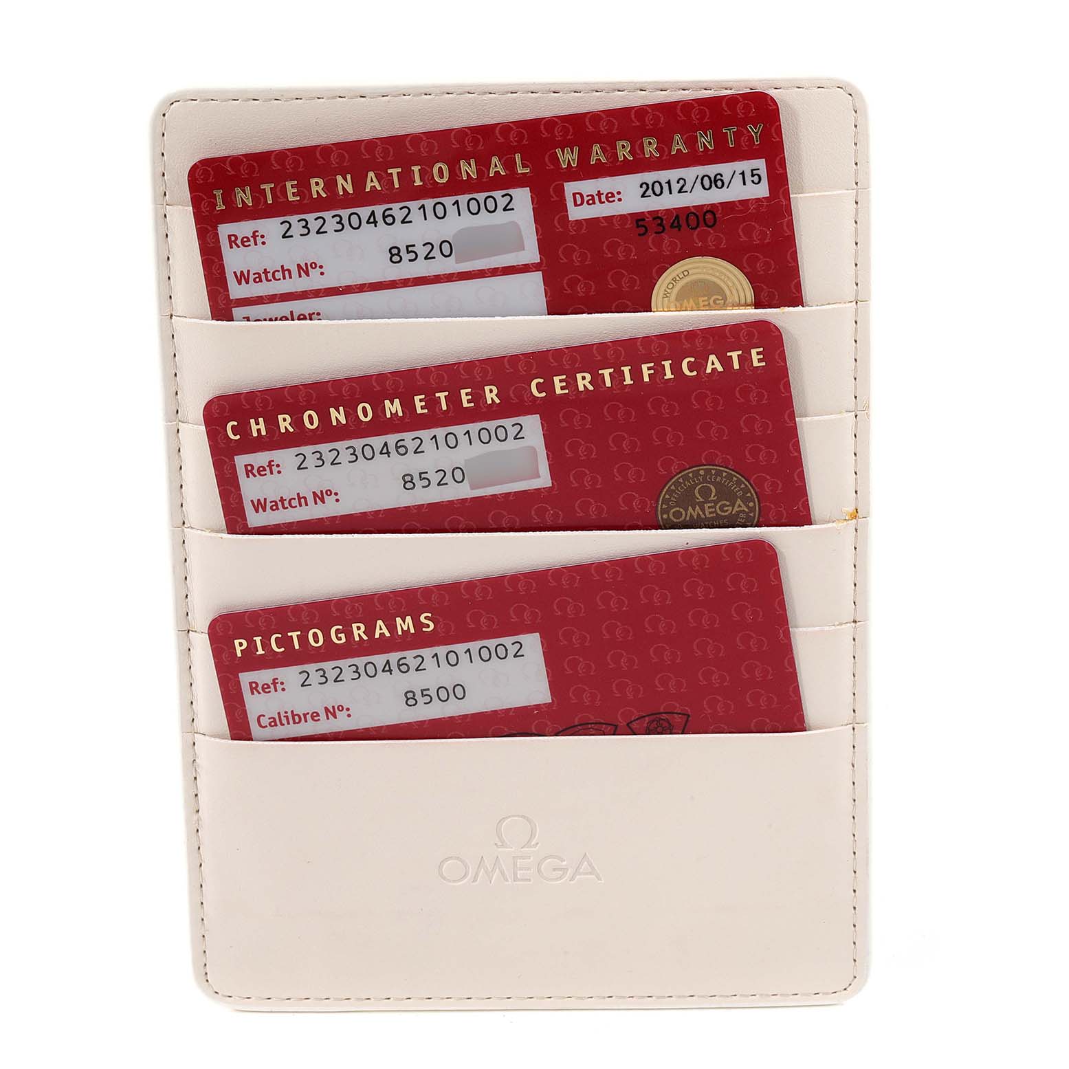 The image shows an Omega wallet holding the International Warranty, Chronometer Certificate, and Pictograms cards for the Planet Ocean model.