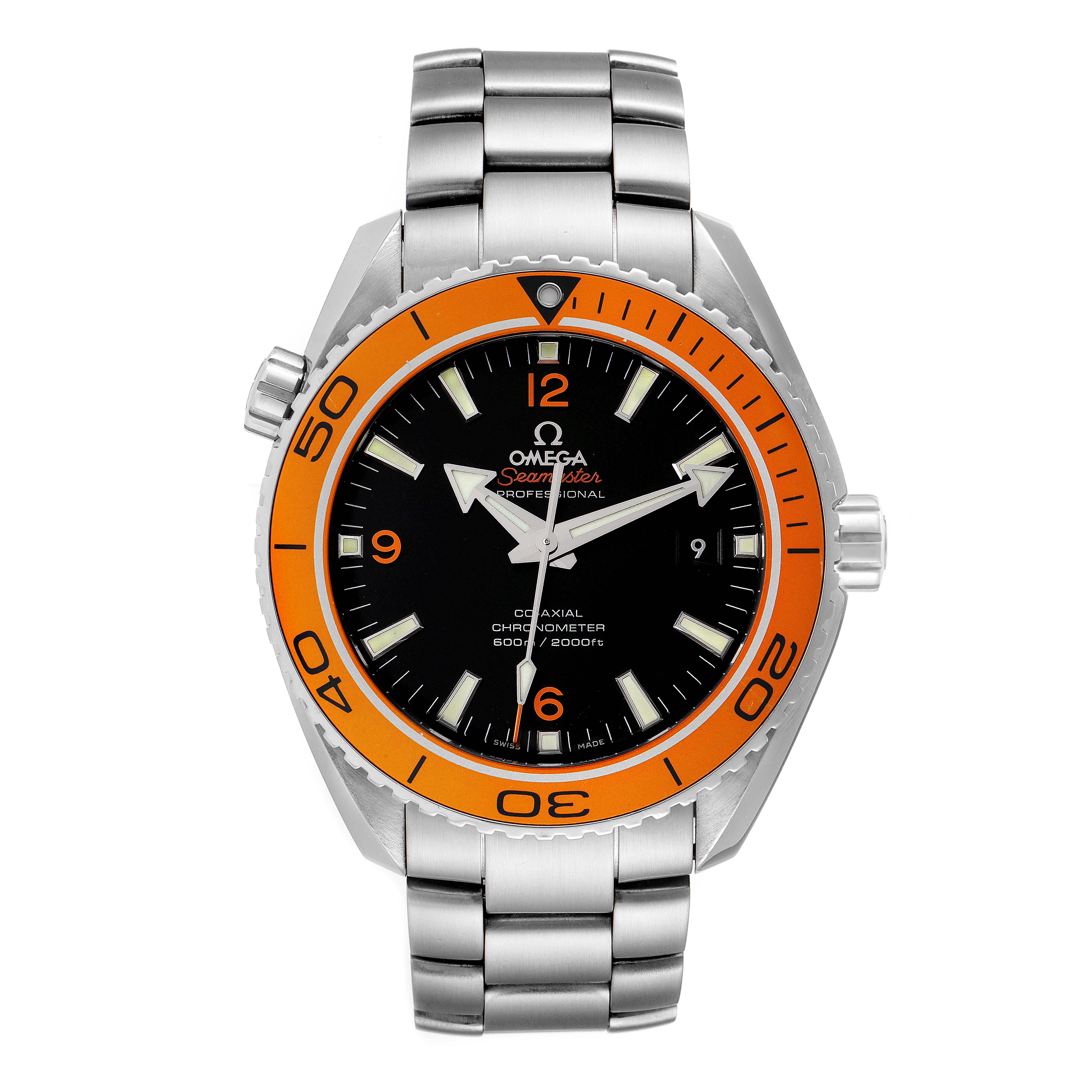 The image shows a frontal view of the Omega Planet Ocean 232.30.46.21.01.002 Men's Stainless Steel Black Dial 232.30.46.21.01.002 Men's Stainless Steel Black Dial watch, featuring its bezel, dial, and stainless steel bracelet.